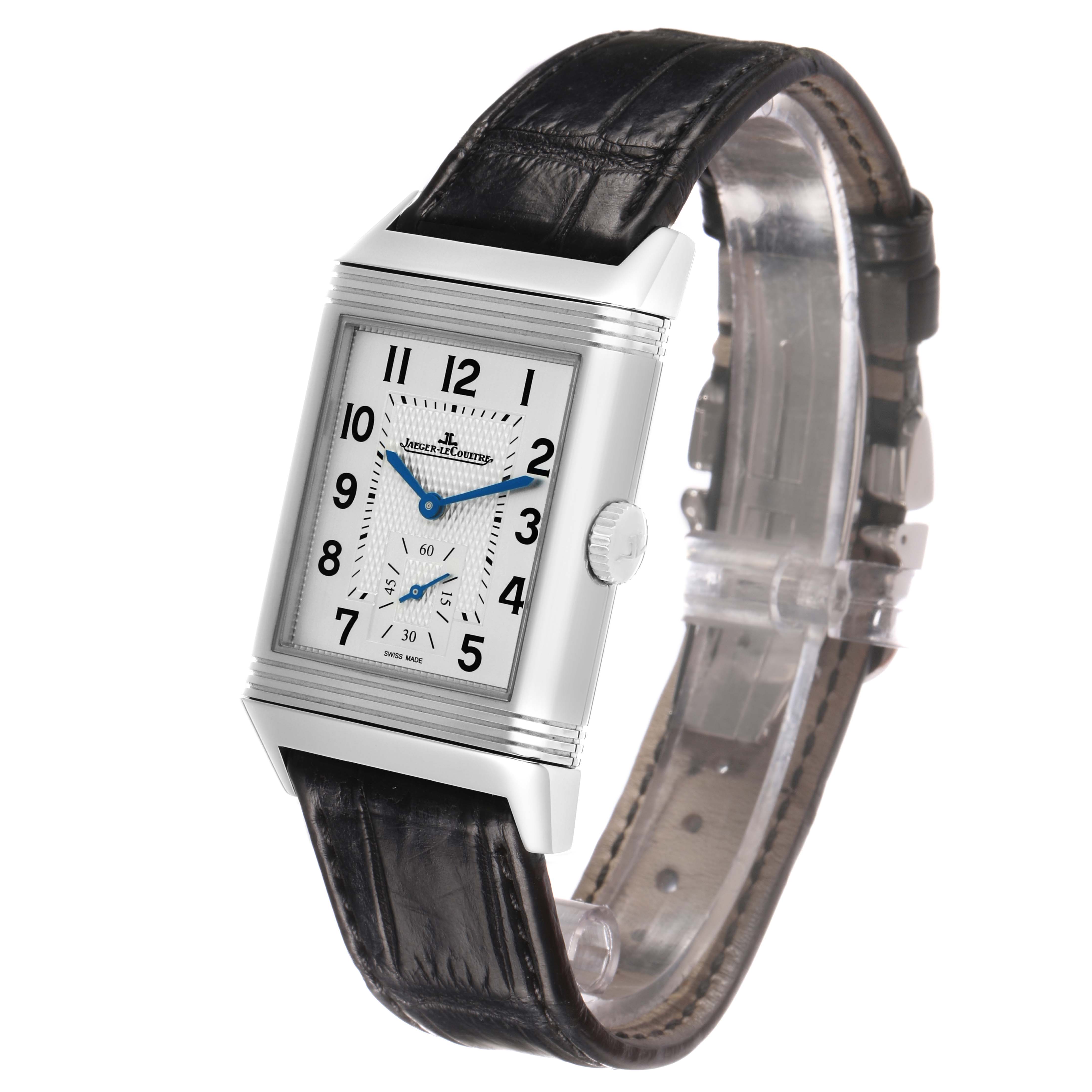 The Jaeger LeCoultre Reverso Q3848420 Men's Stainless Steel Silver Dial watch is shown at a slight angle, displaying the dial, case, crown, and leather strap.