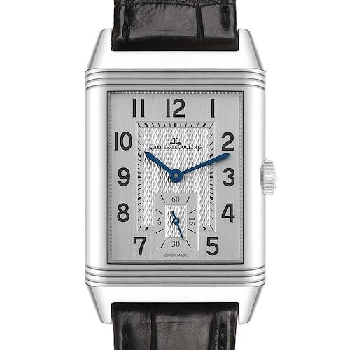 The Jaeger LeCoultre Reverso Q3848420 Men's Stainless Steel Silver Dial watch is shown from the front, displaying its rectangular dial and leather strap.
