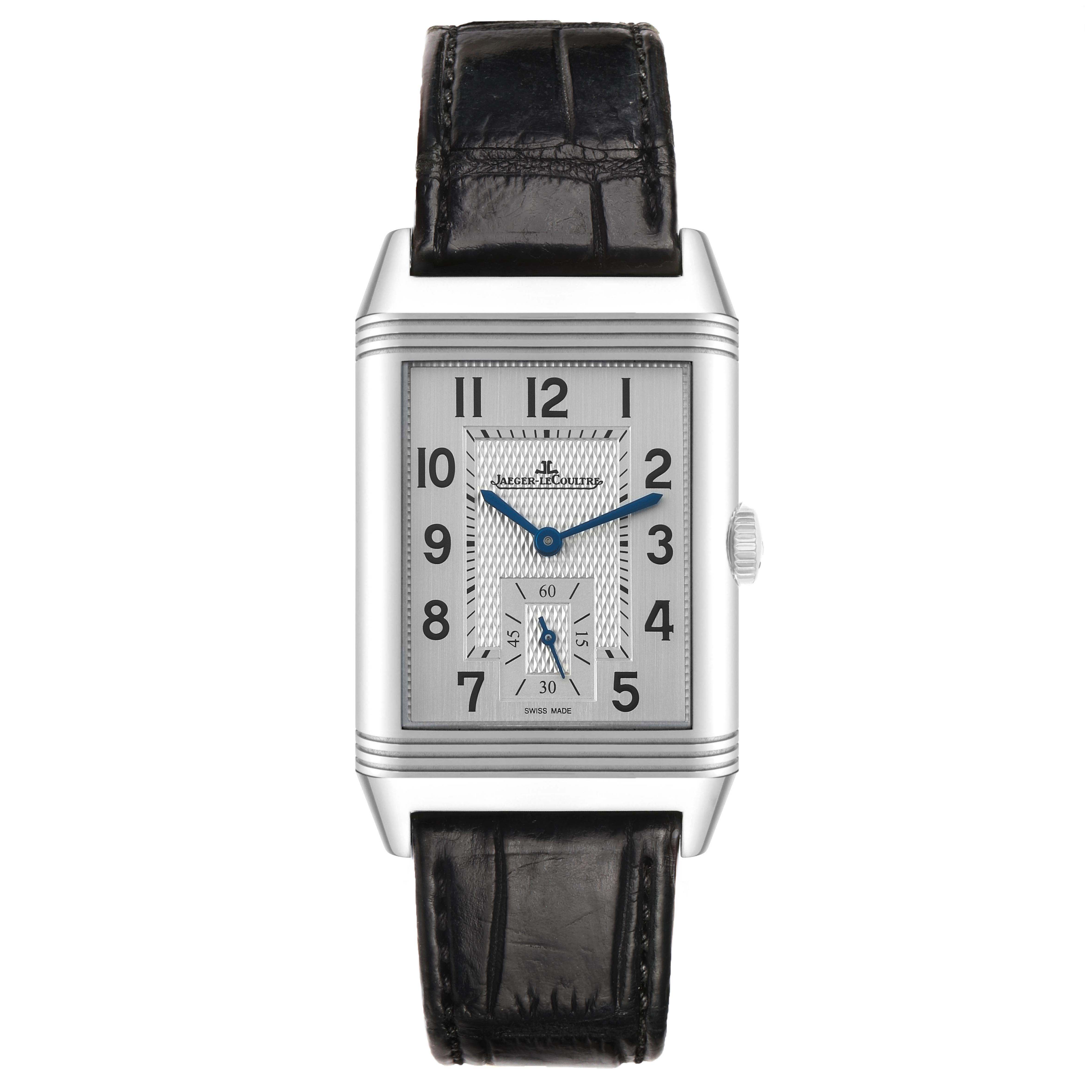 The image shows a Jaeger LeCoultre Reverso Q3848420 Men's Stainless Steel Silver Dial watch from a front angle, highlighting the face, crown, and strap.