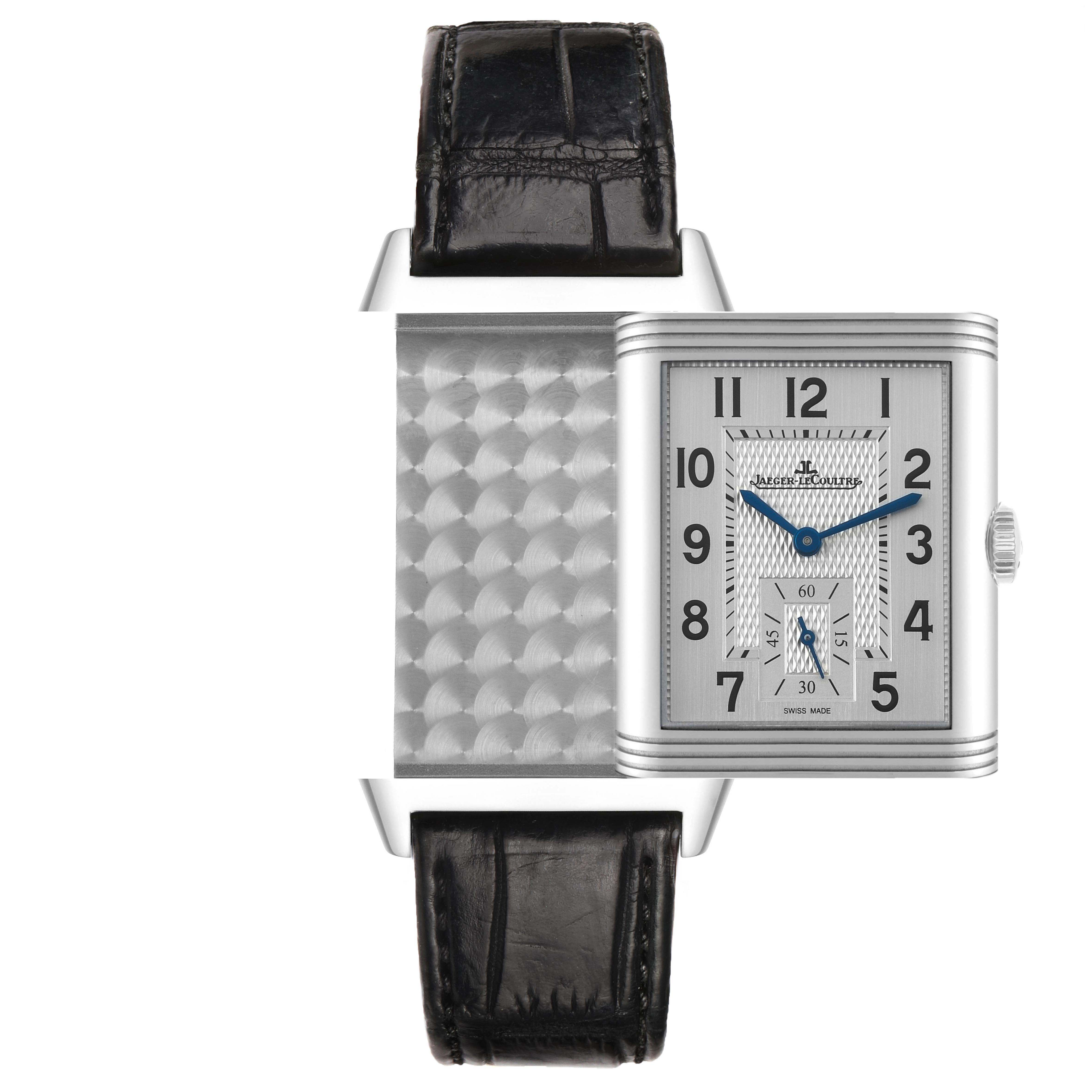 The image shows a Jaeger LeCoultre Reverso Q3848420 Men's Stainless Steel Silver Dial watch from the front, highlighting its rectangular face and strap.