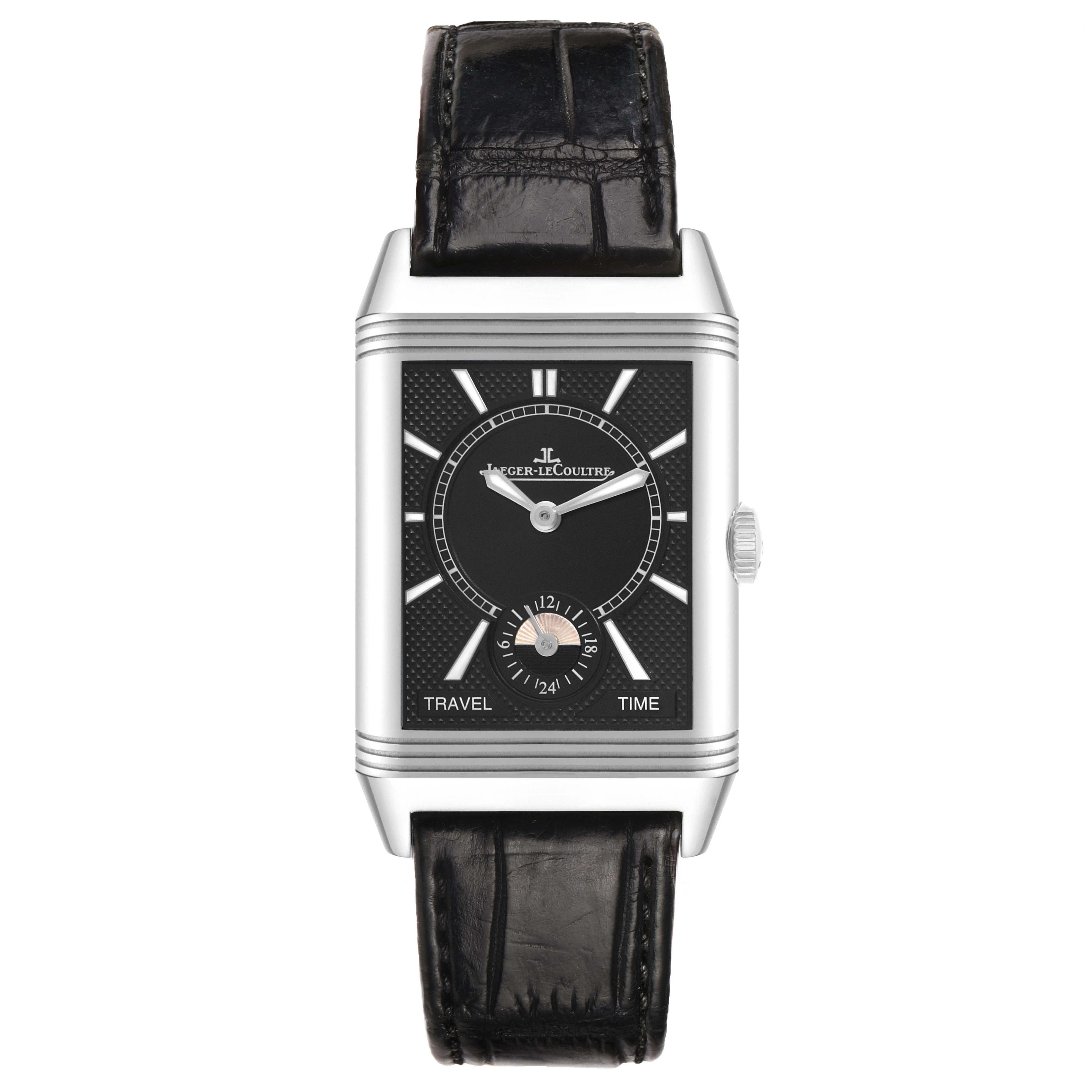 The Jaeger LeCoultre Reverso Q3848420 Men's Stainless Steel Silver Dial watch is shown from a front angle, displaying its rectangular dial and black leather strap.