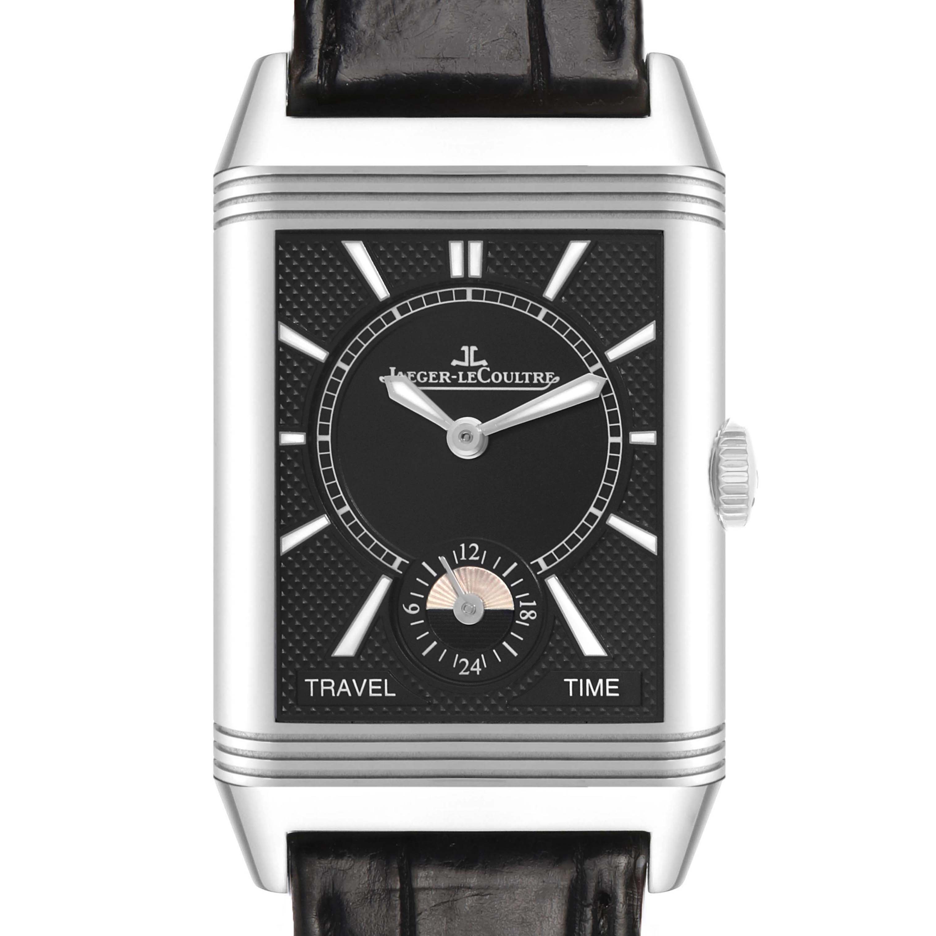 The Jaeger-LeCoultre Reverso model is shown from the front, displaying the face with dials and the crown on the side.