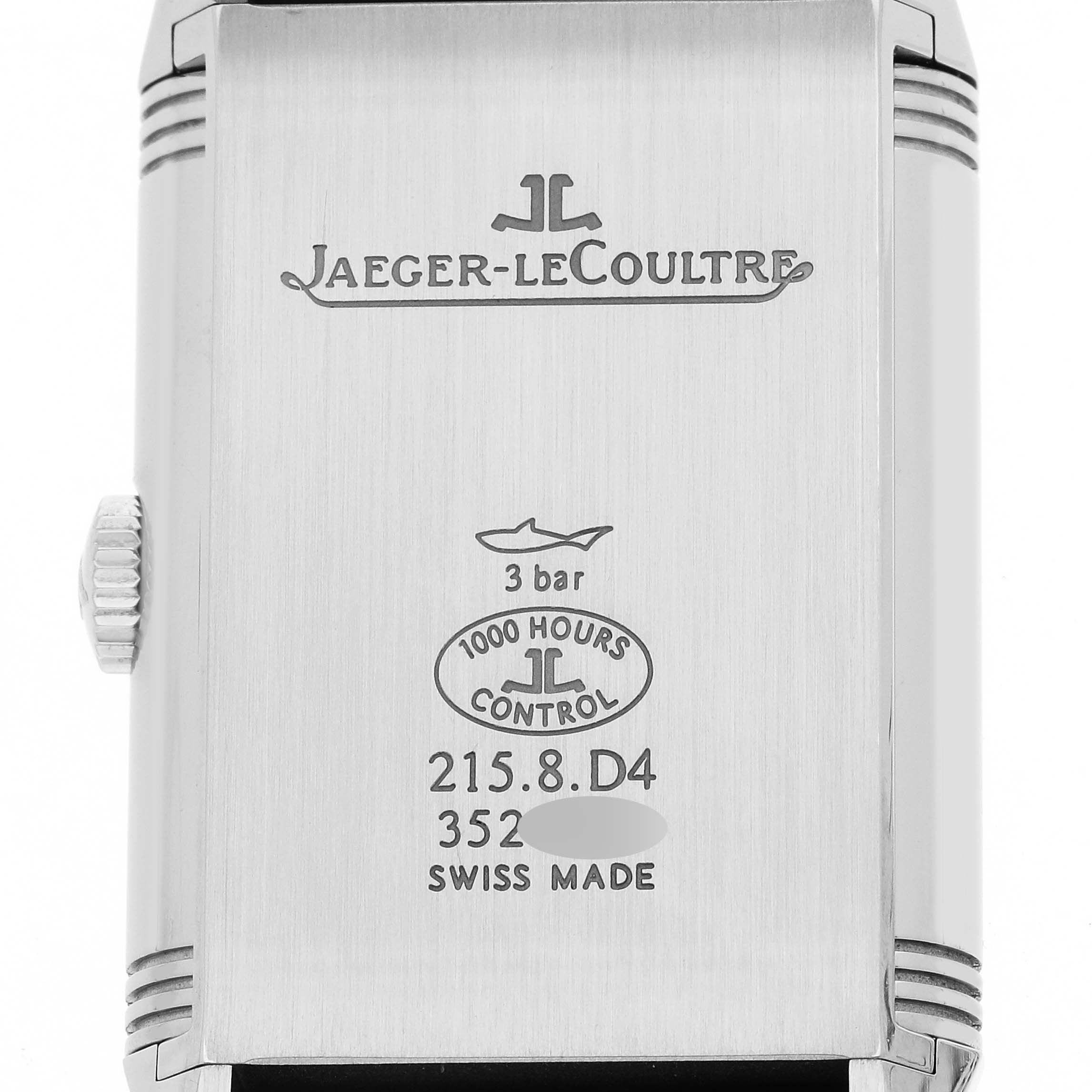 The image shows the back case of a Jaeger LeCoultre Reverso Q3848420 Men's Stainless Steel Silver Dial watch, featuring branding and technical inscriptions.