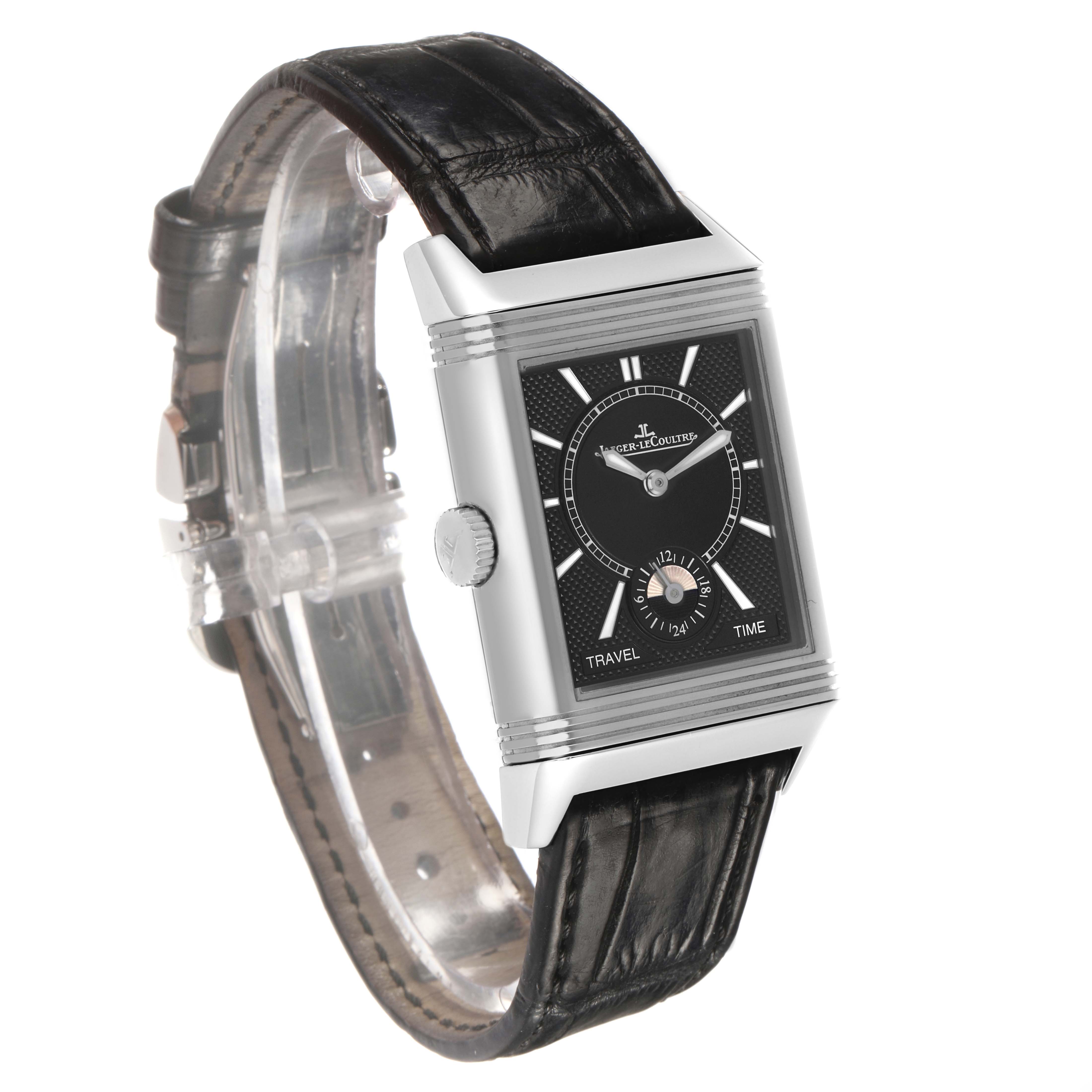 The Jaeger LeCoultre Reverso Q3848420 Men's Stainless Steel Silver Dial watch is shown at an angled view, displaying the face, crown, and leather strap.