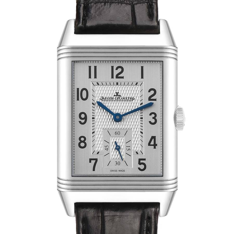 The Jaeger LeCoultre Reverso Q3848420 Men's Stainless Steel Silver Dial watch is shown from a front angle, displaying its rectangular face and side crown.
