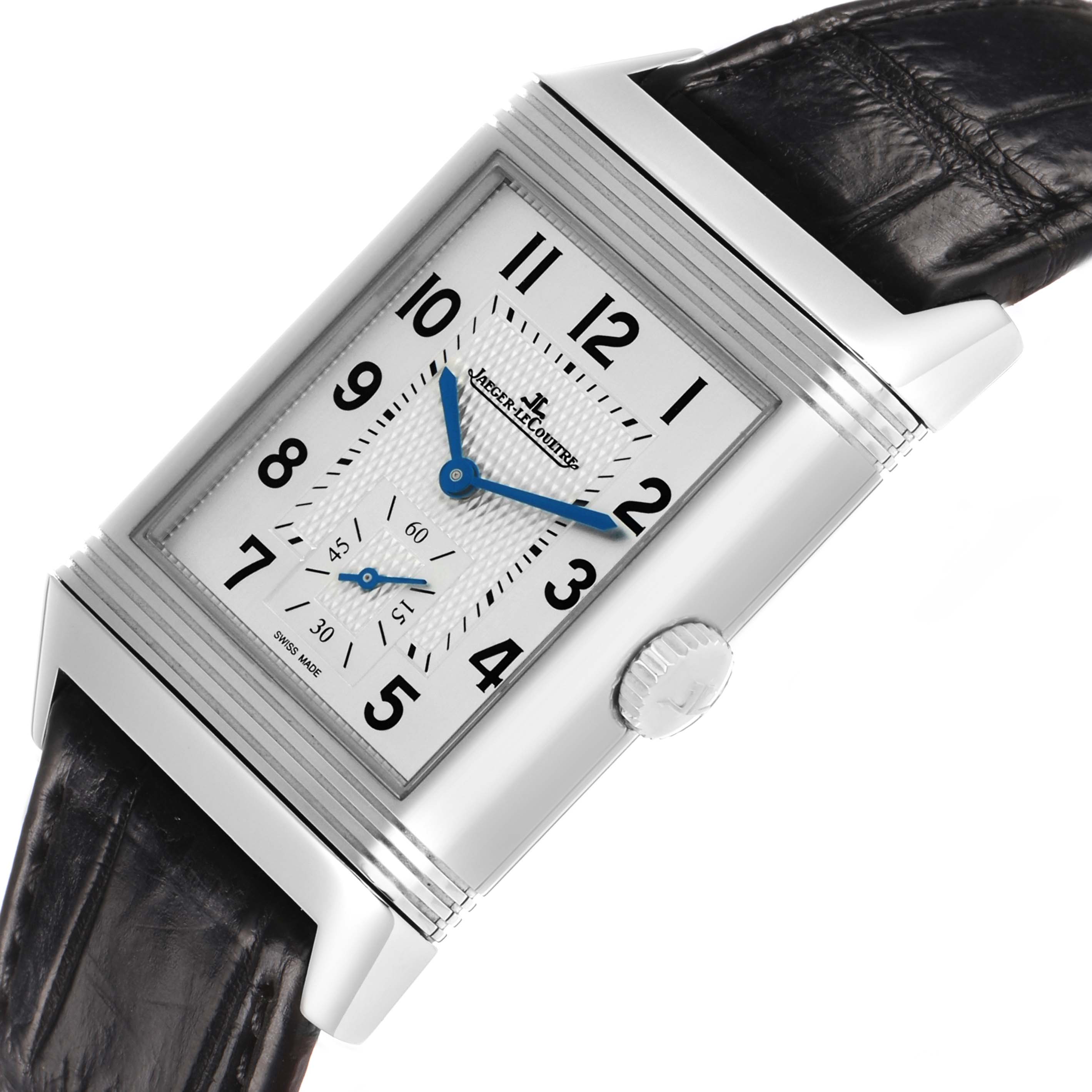 The Jaeger LeCoultre Reverso Q3848420 Men's Stainless Steel Silver Dial watch is shown at an angled view, highlighting the face, case, crown, and strap.