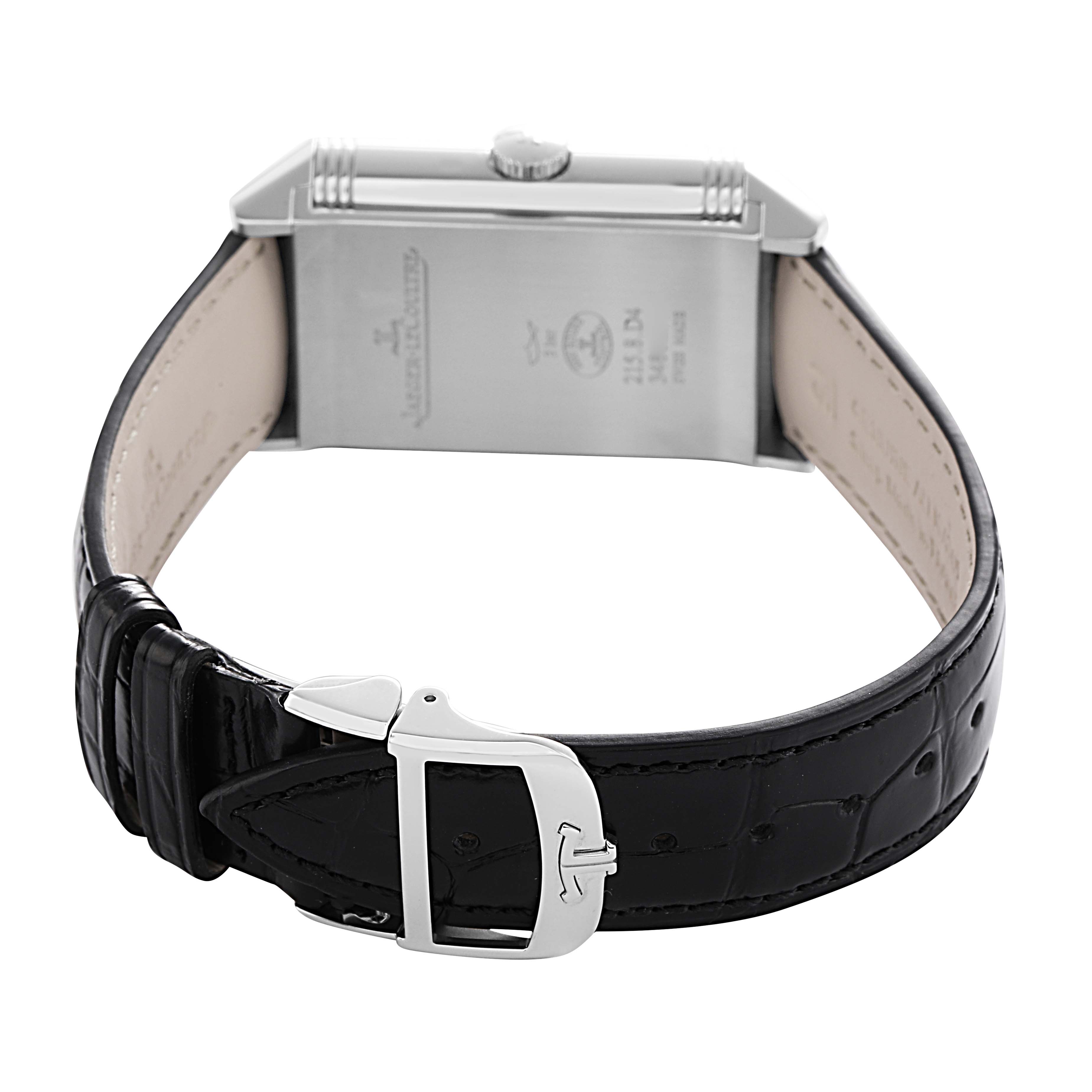 The image shows the back and side of the Jaeger-LeCoultre Reverso watch, highlighting the case back and leather strap.