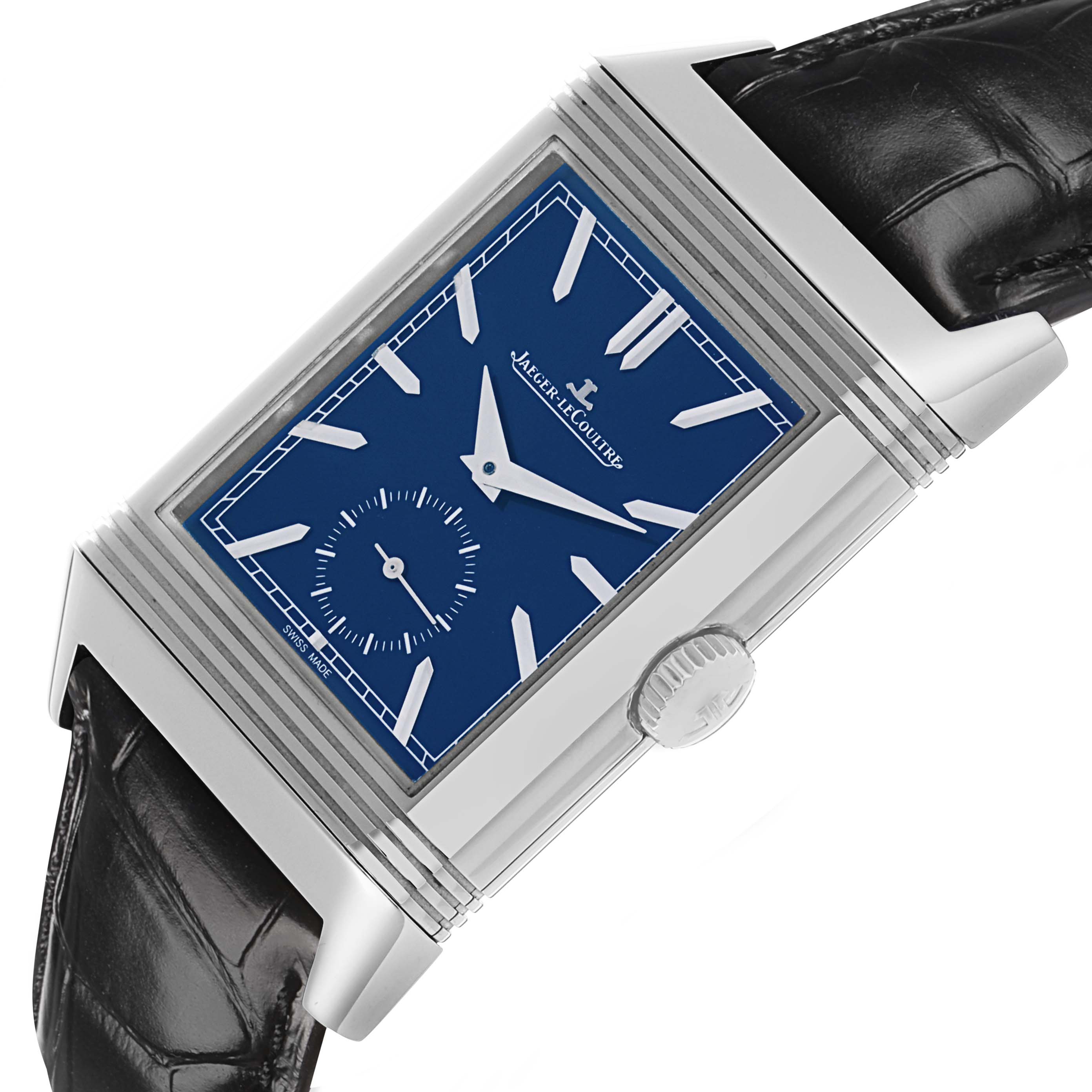 The Jaeger LeCoultre Reverso Q3988482/215.8.D4 Men's Stainless Steel Blue Dial watch is shown at an angled side view, highlighting its rectangular blue dial, crown, and leather strap.