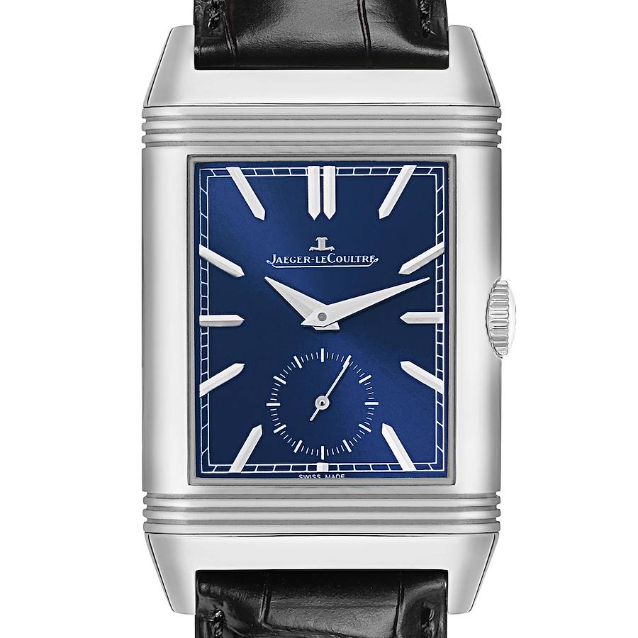The Jaeger LeCoultre Reverso Q3988482/215.8.D4 Men's Stainless Steel Blue Dial watch is shown from the front, displaying its rectangular face and crown on the right.