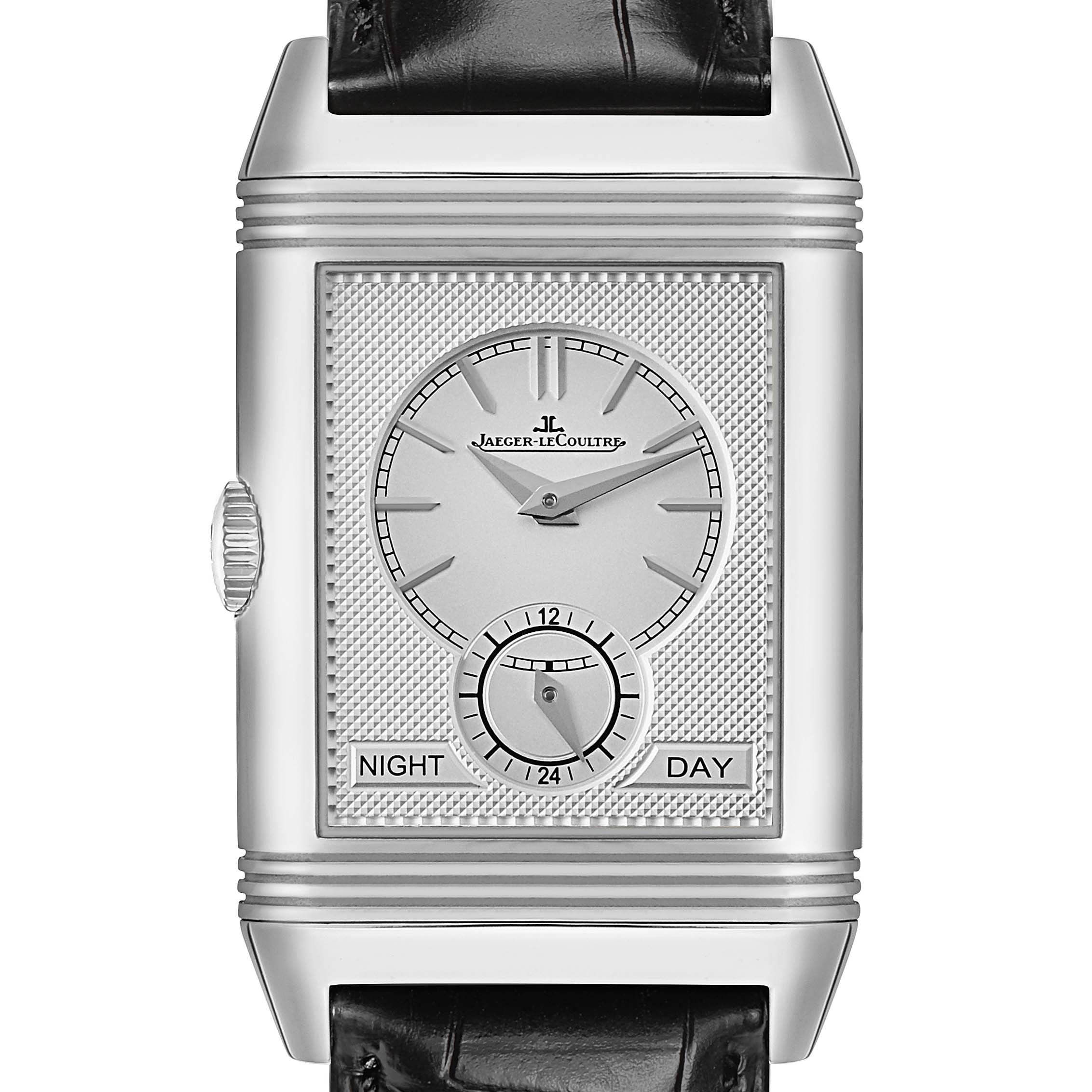 The Jaeger-LeCoultre Reverso watch is shown from a front angle, displaying its dial, case, and strap.