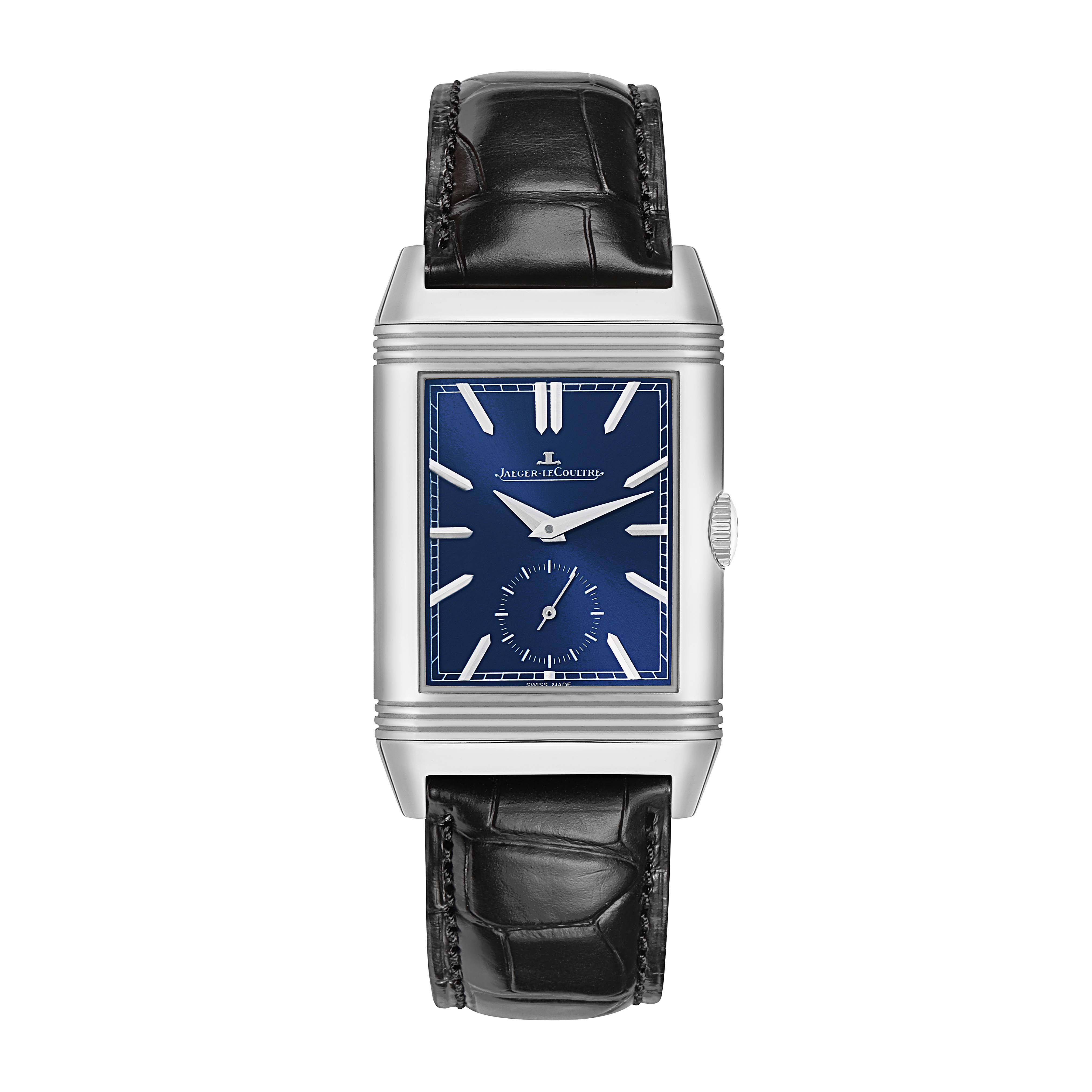 The Jaeger LeCoultre Reverso Q3988482/215.8.D4 Men's Stainless Steel Blue Dial watch is shown from the front, displaying the face, case, and part of the leather strap.