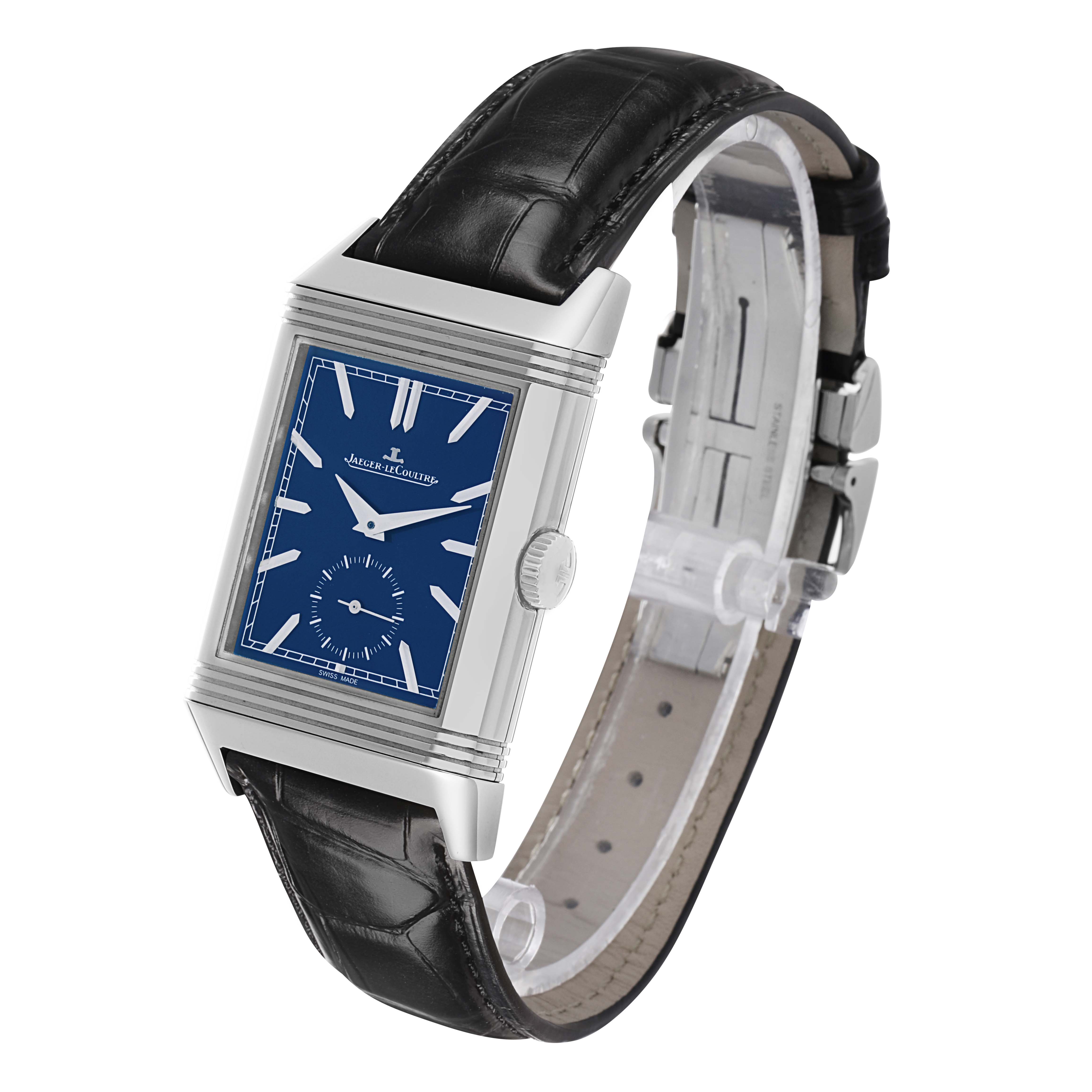 The Jaeger-LeCoultre Reverso watch is shown at an angled side view, highlighting its face, crown, and leather strap.
