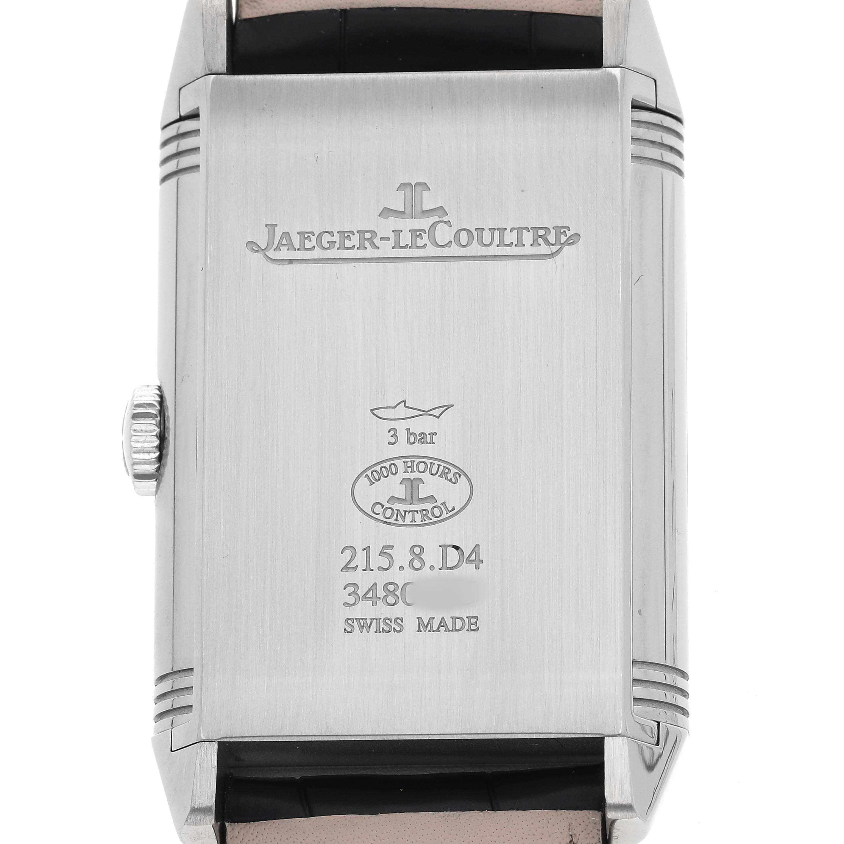 The image shows the back of a Jaeger-LeCoultre Reverso watch, displaying the brand logo, model details, and water resistance indicator.
