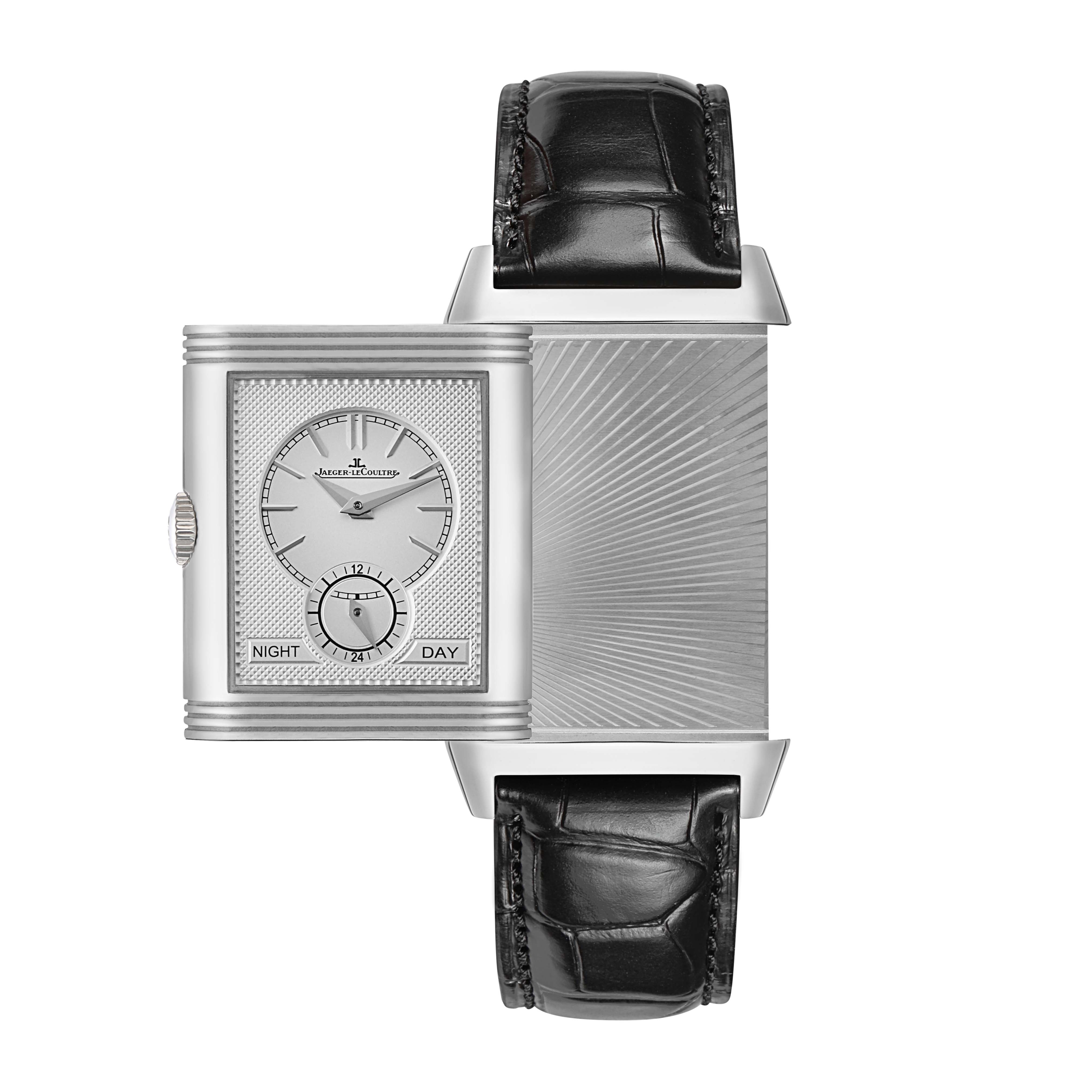The Jaeger-LeCoultre Reverso watch is shown with both its face and back, highlighting the reversible design and leather strap.