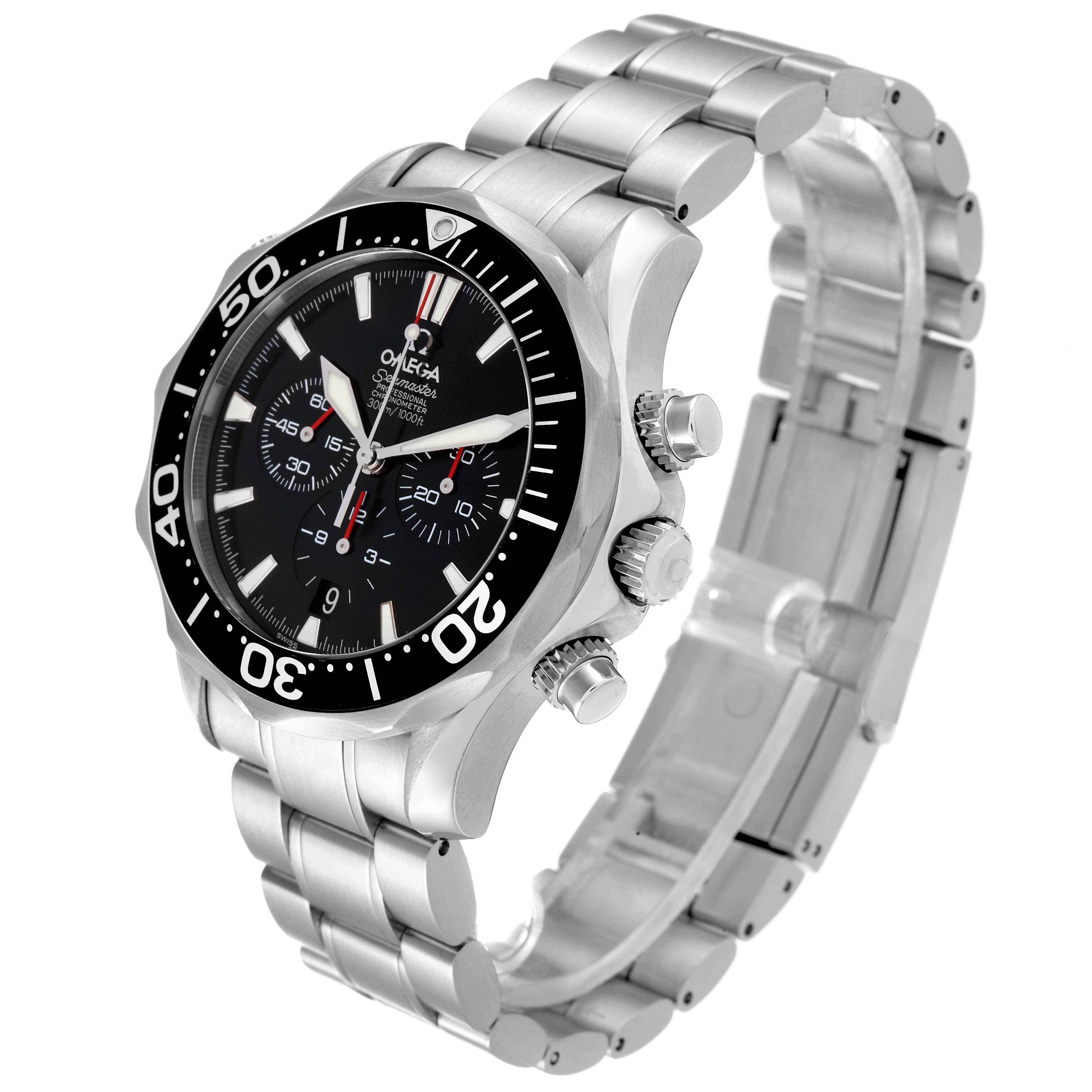 The Omega Seamaster 2594.52.00 Men
s Stainless Steel Black Dial 2594.52.00 Men
s Stainless Steel Black Dial watch is shown at an angle displaying its face, bezel, crown, pushers, and stainless steel bracelet.