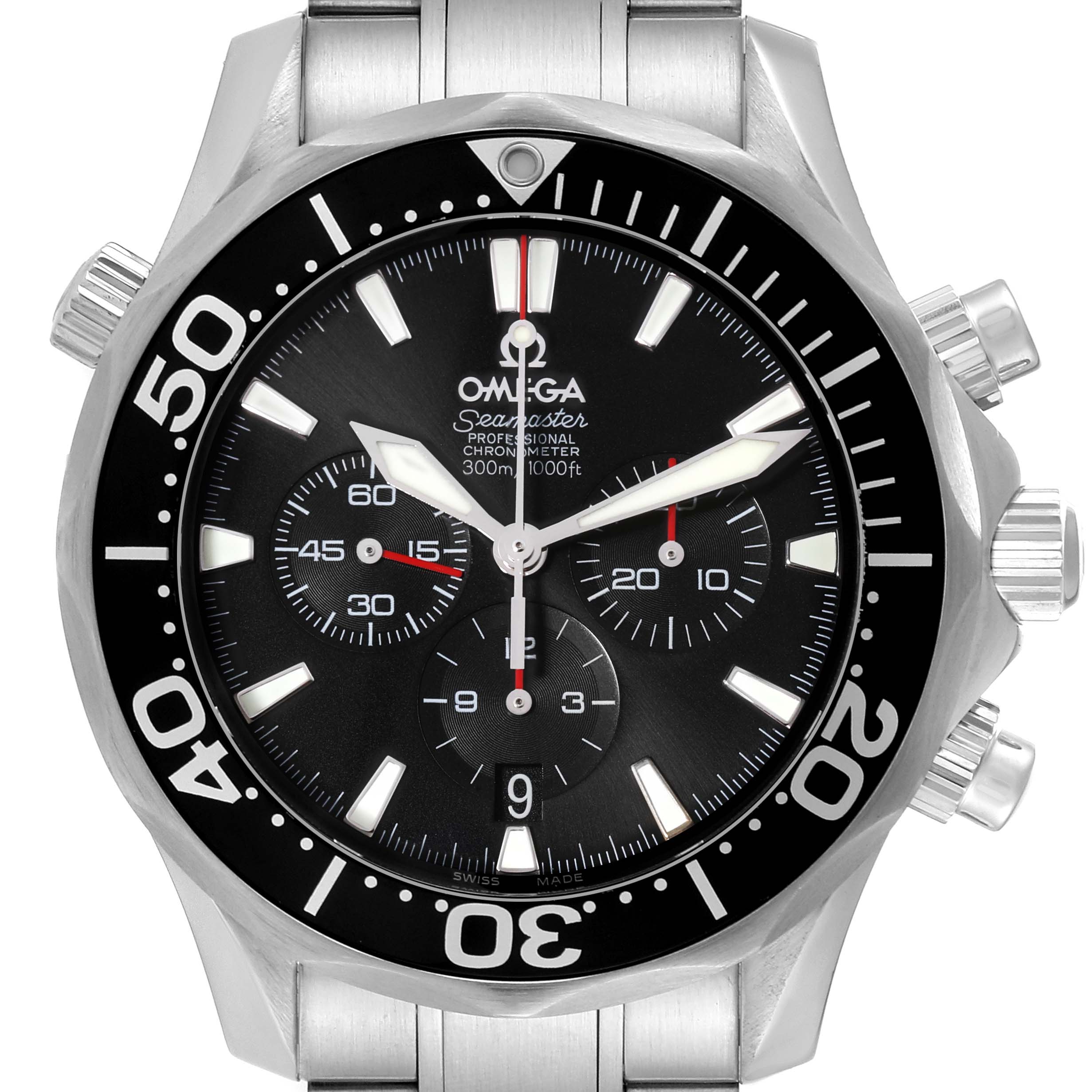 The image shows a front view of the Omega Seamaster 2594.52.00 Men
s Stainless Steel Black Dial 2594.52.00 Men
s Stainless Steel Black Dial watch, highlighting the dial, bezel, subdials, and part of the stainless steel bracelet.