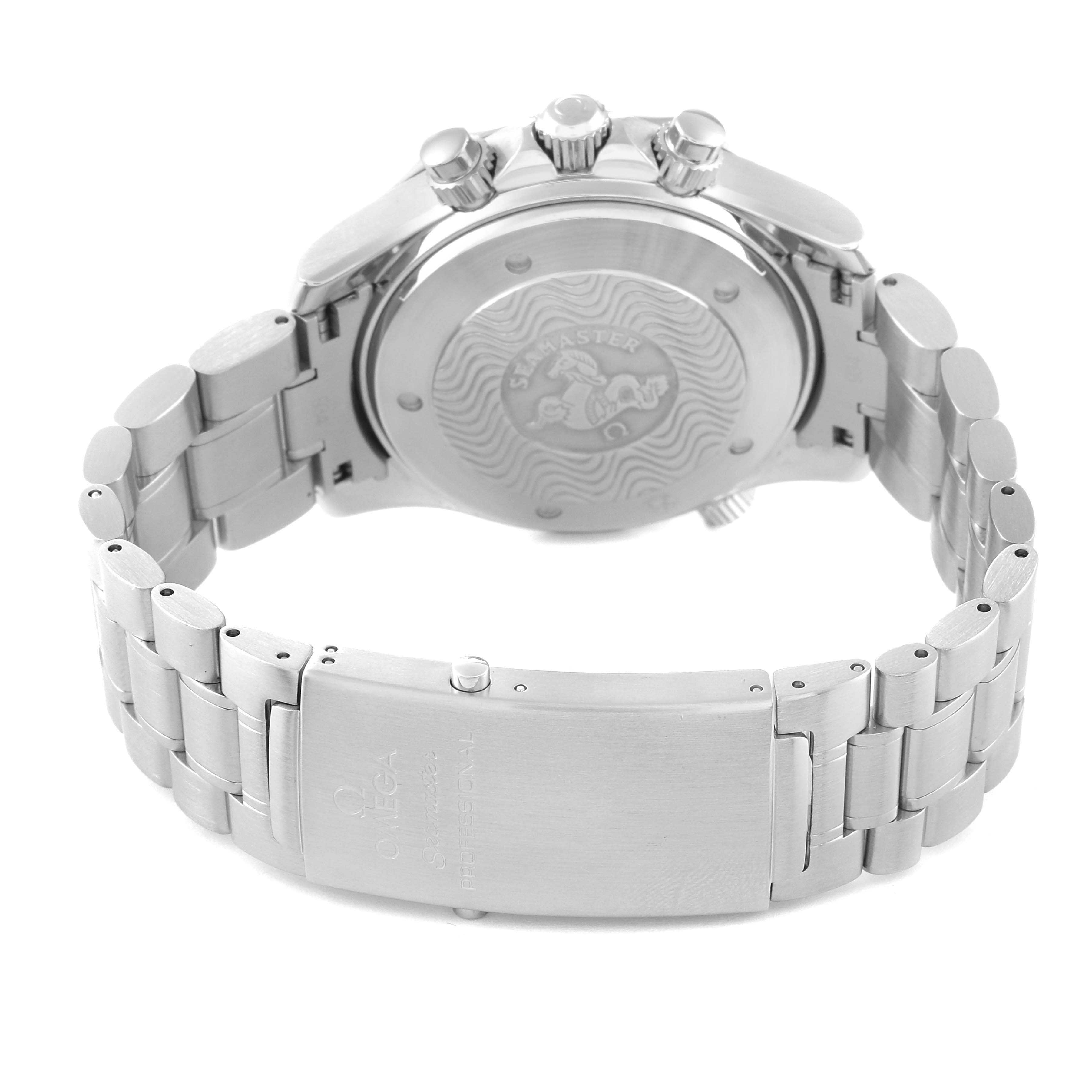 The image shows the back and side of an Omega Seamaster 2594.52.00 Men
s Stainless Steel Black Dial 2594.52.00 Men
s Stainless Steel Black Dial watch, including its metal bracelet and clasp.