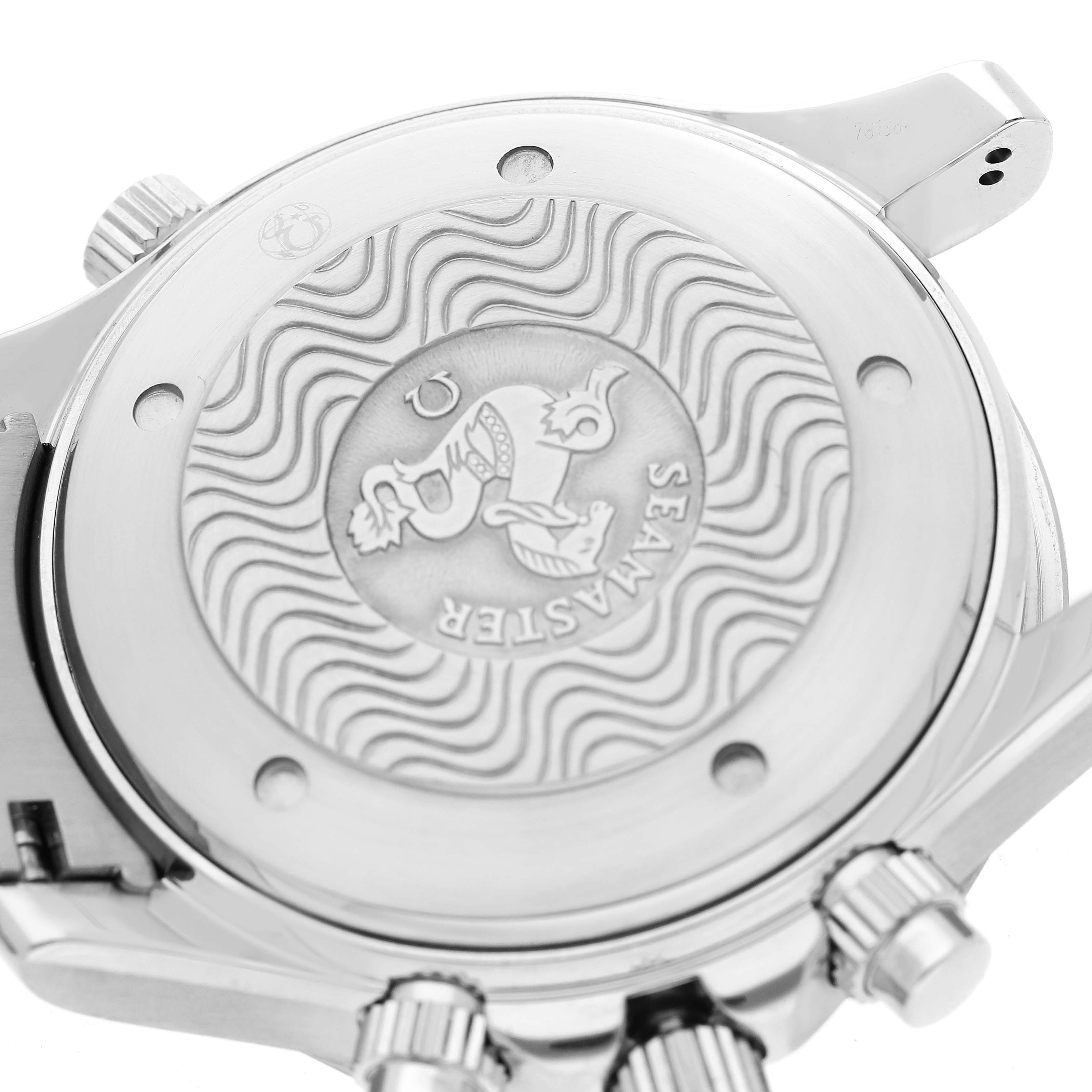 This image shows the case back of an Omega Seamaster 2594.52.00 Men
s Stainless Steel Black Dial 2594.52.00 Men
s Stainless Steel Black Dial watch, viewed from a close-up angle.