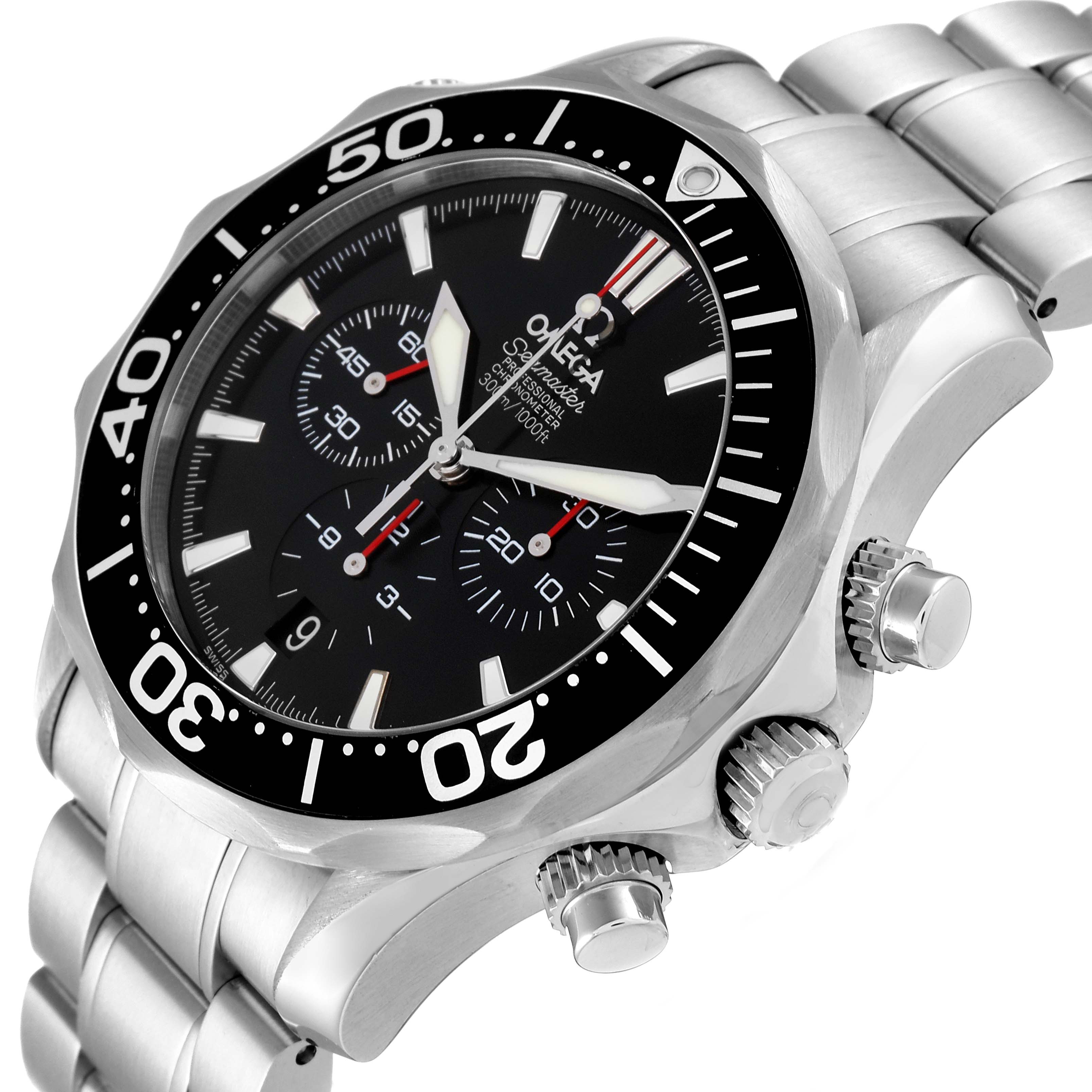 The Omega Seamaster 2594.52.00 Men
s Stainless Steel Black Dial 2594.52.00 Men
s Stainless Steel Black Dial watch is shown at an angle highlighting the face, bezel, crown, and buttons with a stainless steel bracelet.