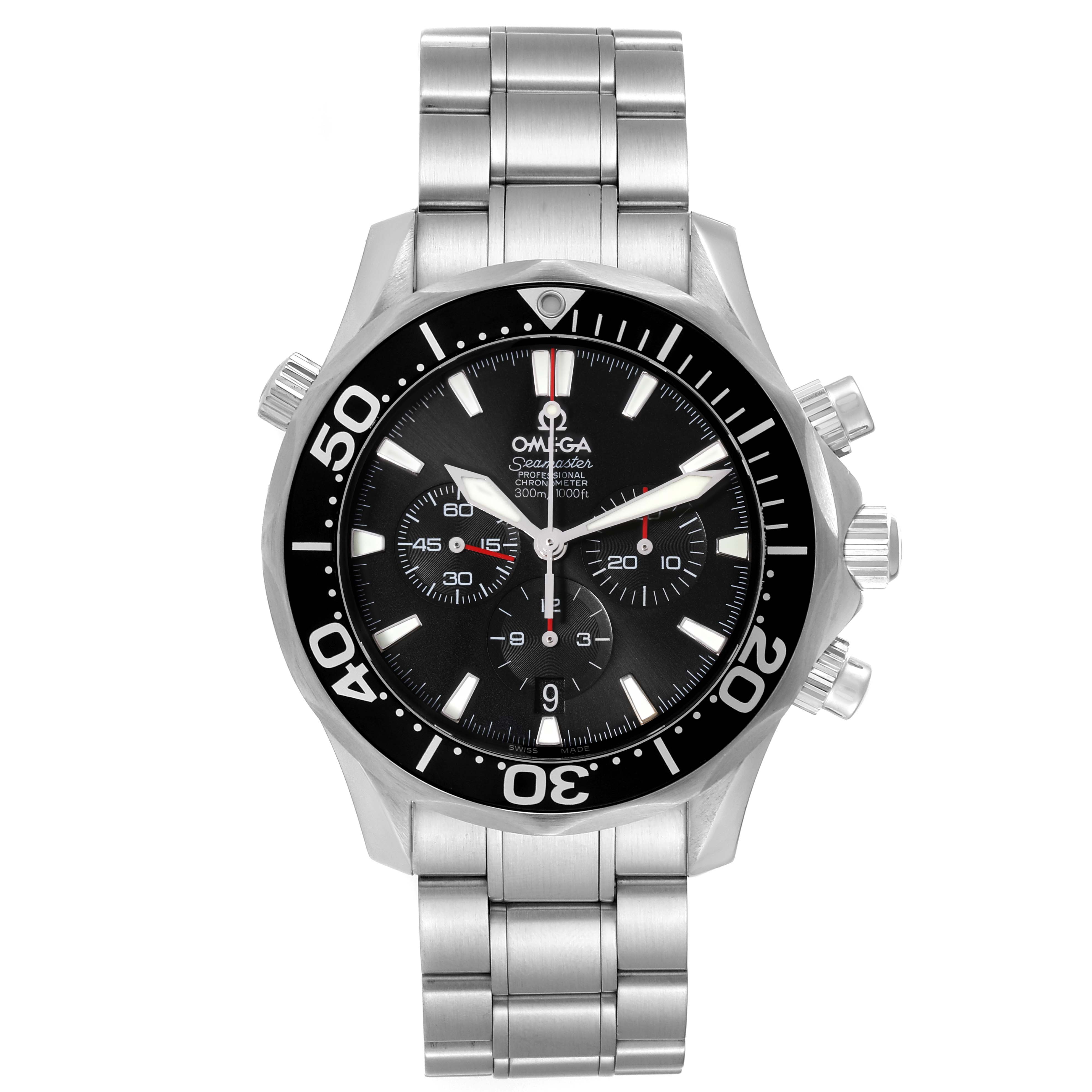 This Omega Seamaster 2594.52.00 Men
s Stainless Steel Black Dial 2594.52.00 Men
s Stainless Steel Black Dial watch is shown from a front angle, displaying the face, bezel, and stainless steel bracelet.