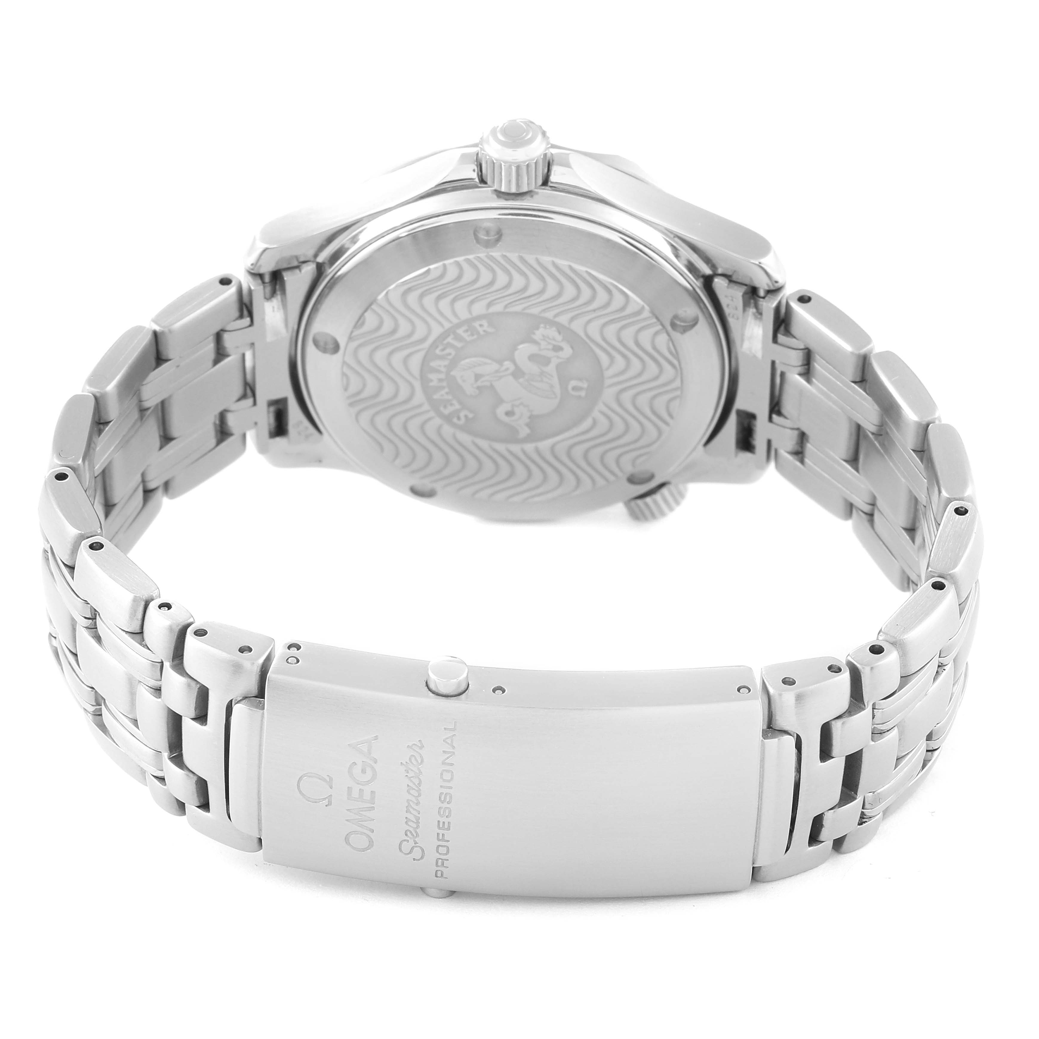 This image shows the Omega Seamaster 2561.80.00 Men
s Stainless Steel Blue Dial 2561.80.00 Men
s Stainless Steel Blue Dial watch from the back, highlighting the case back, bracelet, and clasp.