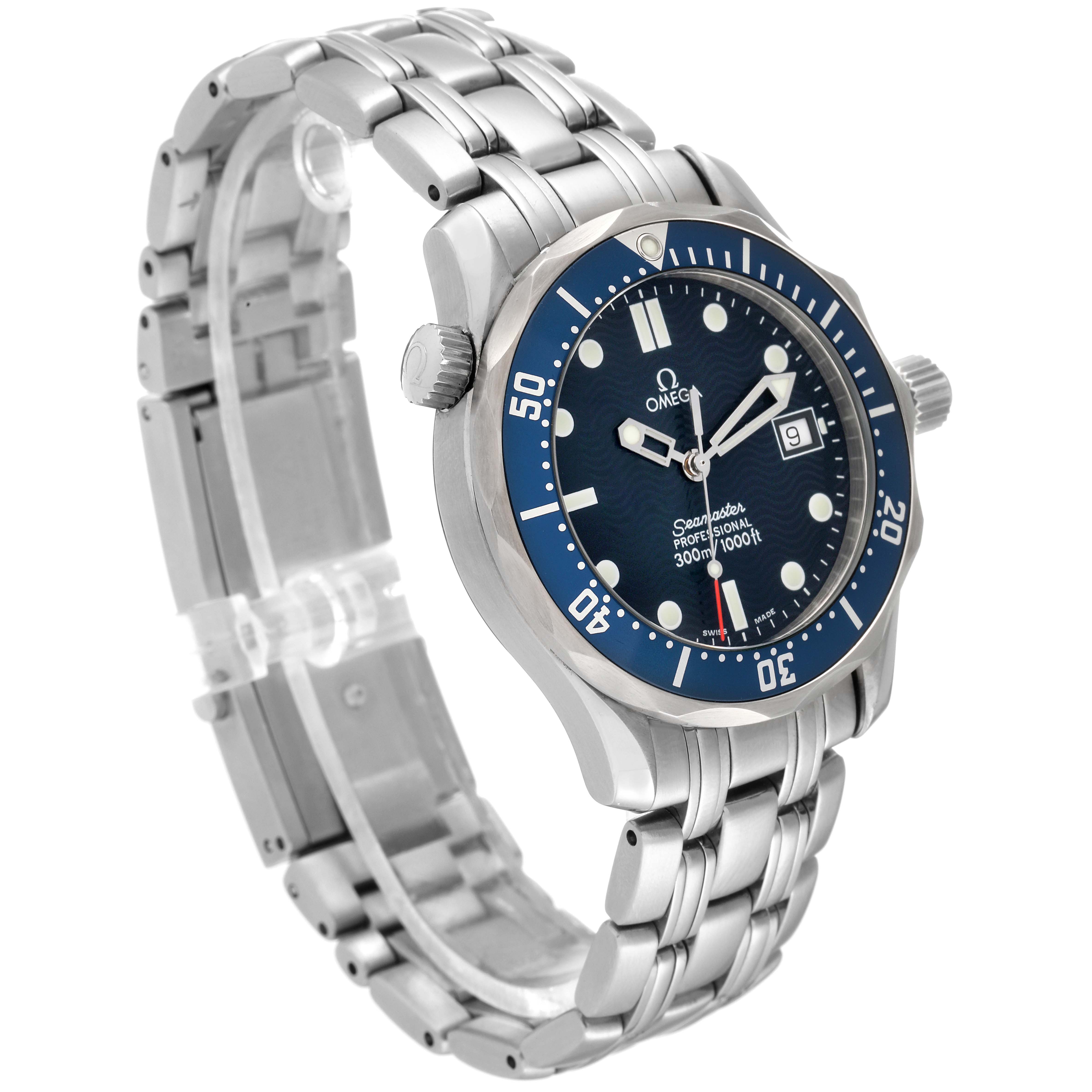 The image shows a side angle view of an Omega Seamaster 2561.80.00 Men
s Stainless Steel Blue Dial 2561.80.00 Men
s Stainless Steel Blue Dial watch, highlighting the dial, bezel, and metal bracelet.