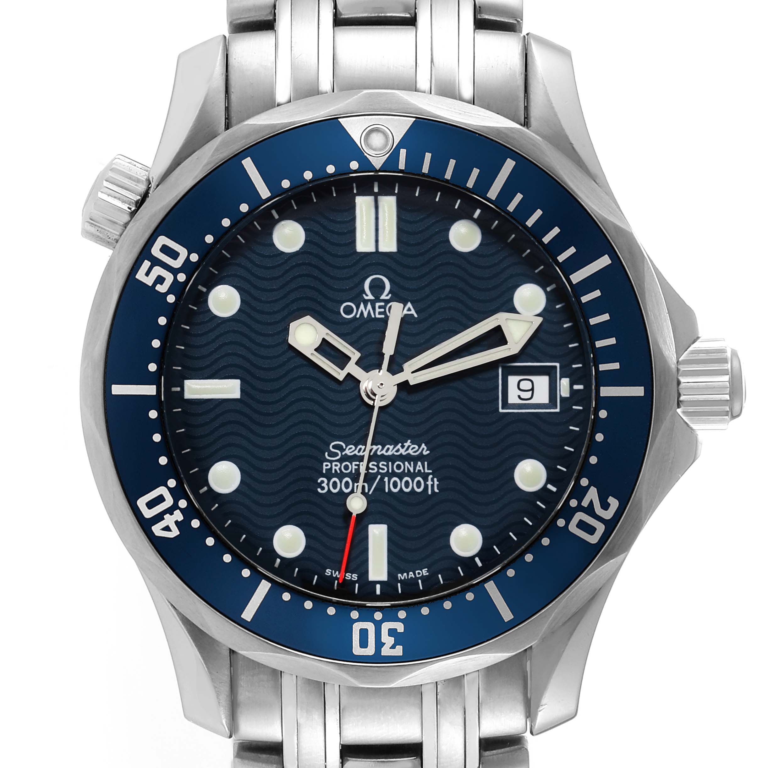The Omega Seamaster 2561.80.00 Men
s Stainless Steel Blue Dial 2561.80.00 Men
s Stainless Steel Blue Dial watch is shown from a front angle with a full view of the face and part of the metal bracelet.