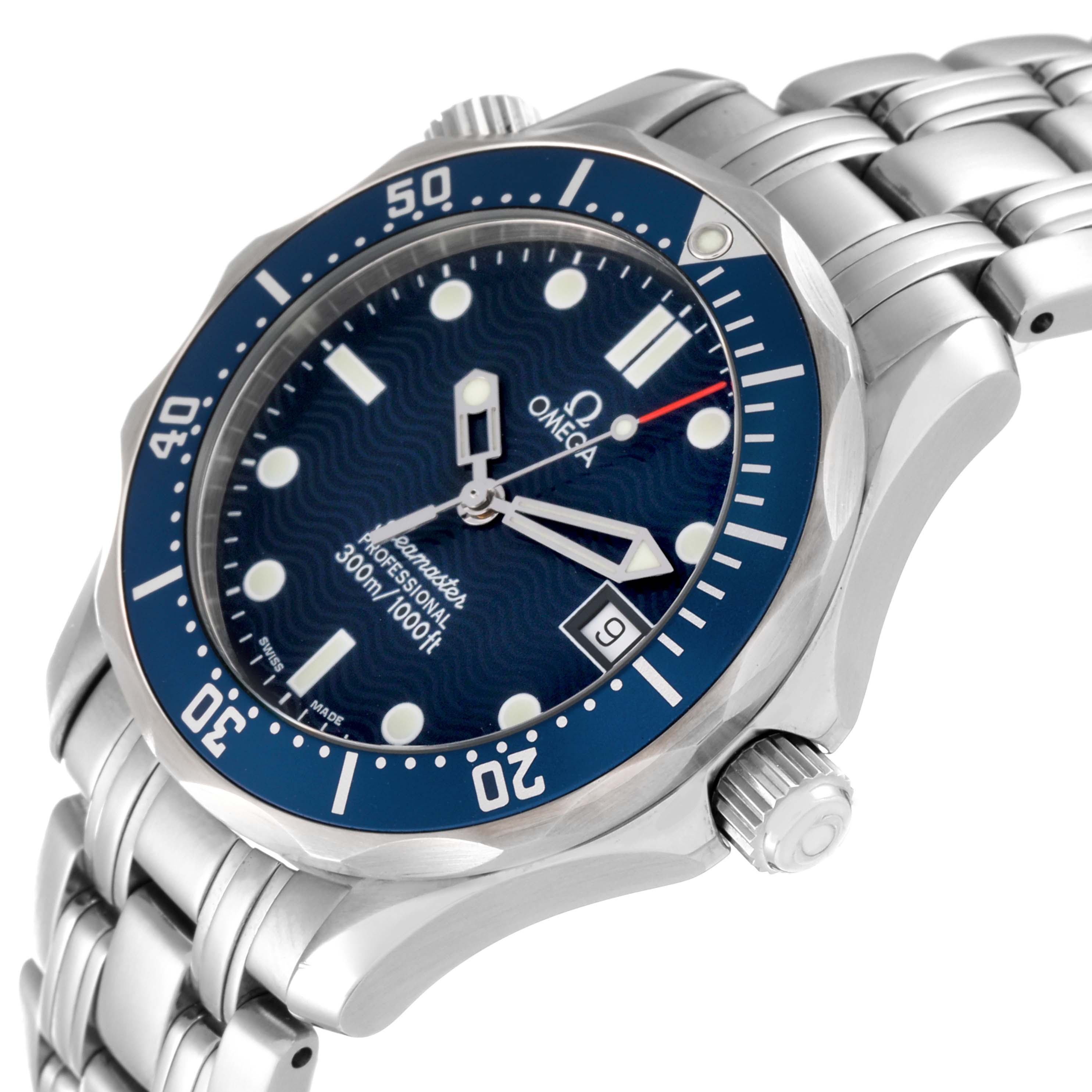 The image shows a side angle view of the Omega Seamaster 2561.80.00 Men
s Stainless Steel Blue Dial 2561.80.00 Men
s Stainless Steel Blue Dial watch, highlighting its dial, bezel, and stainless steel bracelet.