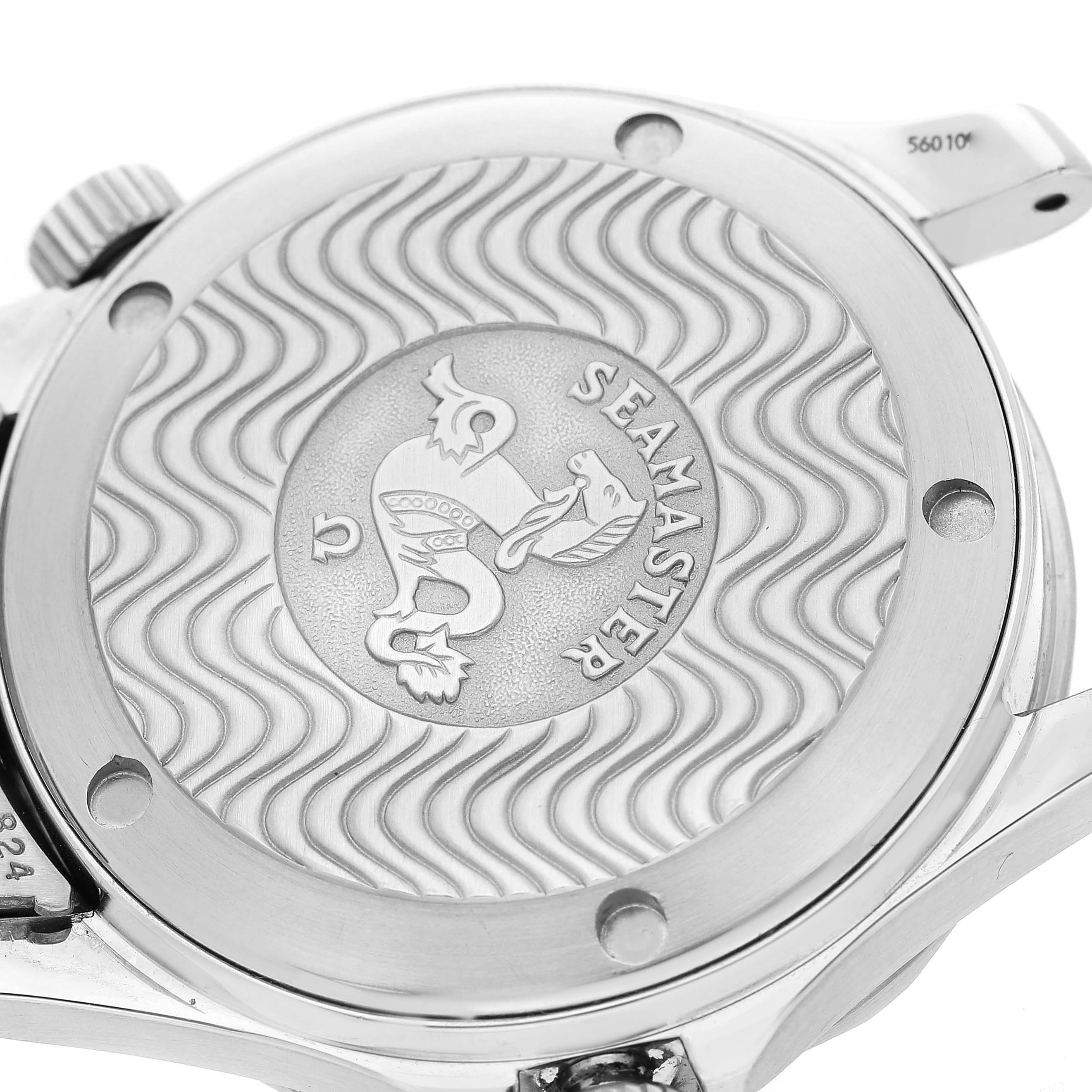 The image shows the back case of an Omega Seamaster 2561.80.00 Men
s Stainless Steel Blue Dial 2561.80.00 Men
s Stainless Steel Blue Dial watch, featuring the Seamaster logo and wave pattern.