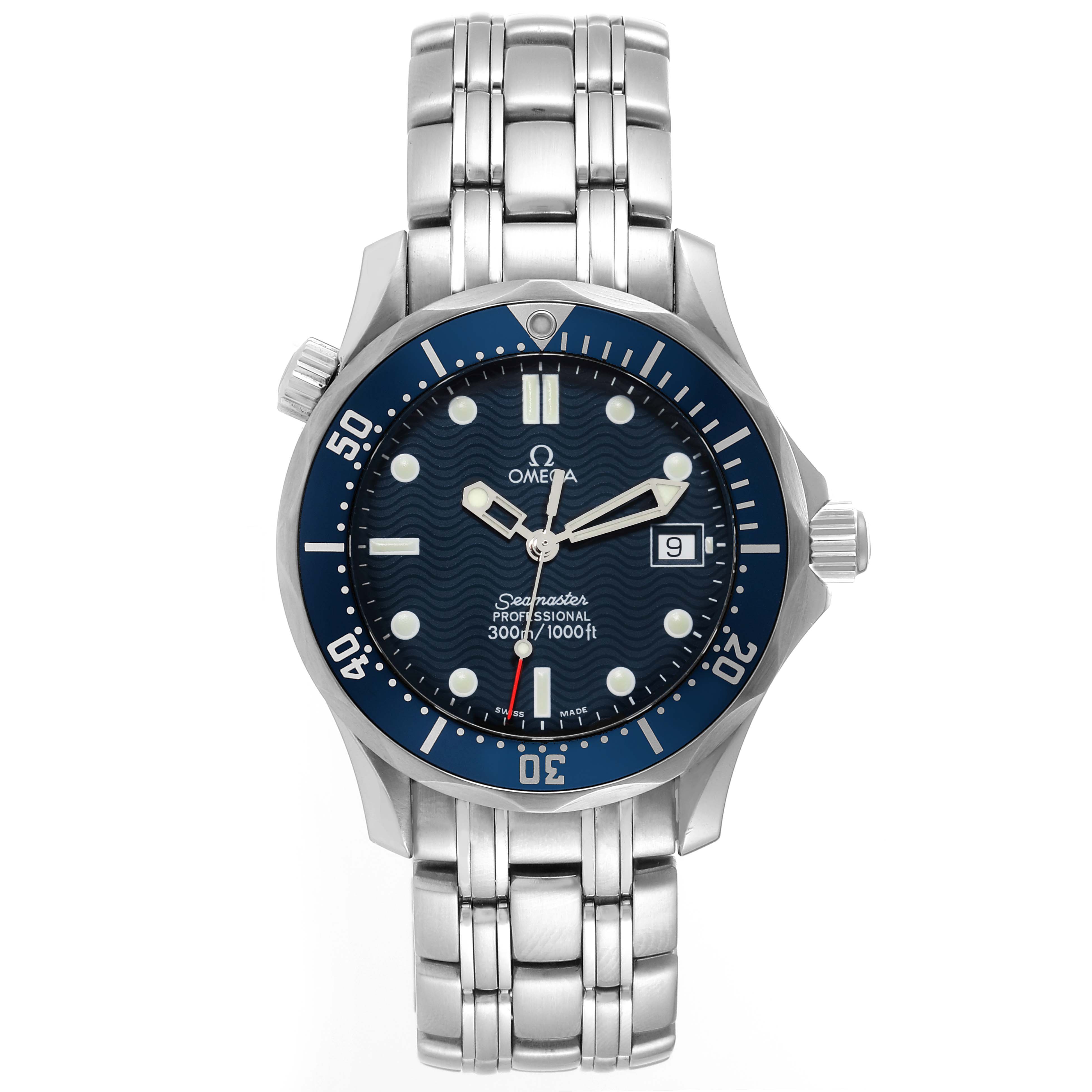 The image shows a front view of the Omega Seamaster 2561.80.00 Men
s Stainless Steel Blue Dial 2561.80.00 Men
s Stainless Steel Blue Dial watch, highlighting its face, bezel, crown, and part of the bracelet.