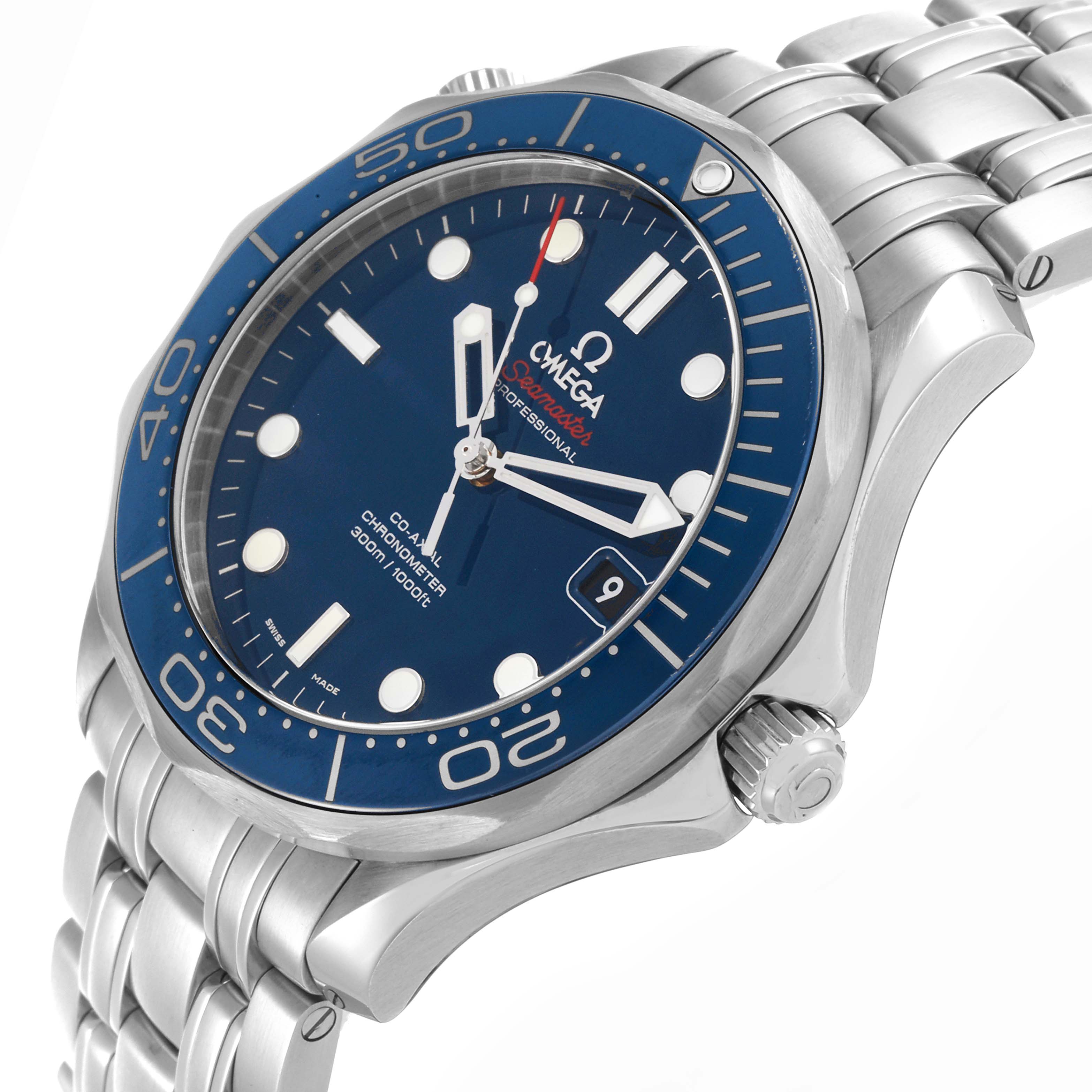 The image shows an angled view of the Omega Seamaster 212.30.41.20.03.001 Men
s Stainless Steel Blue Dial 212.30.41.20.03.001 Men
s Stainless Steel Blue Dial watch, highlighting the blue dial, bezel, crown, and metal bracelet.