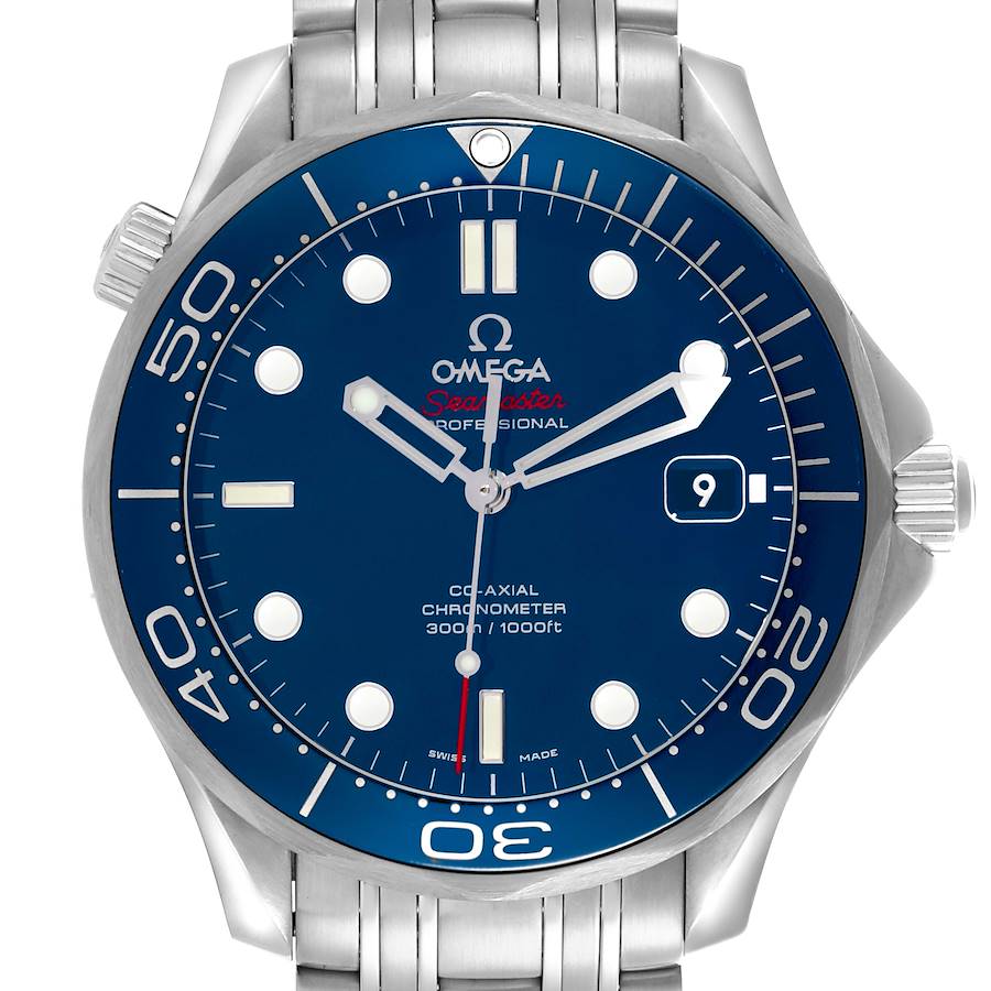 The Omega Seamaster watch is shown from a front angle, highlighting the dial, hands, date, and part of the bracelet.