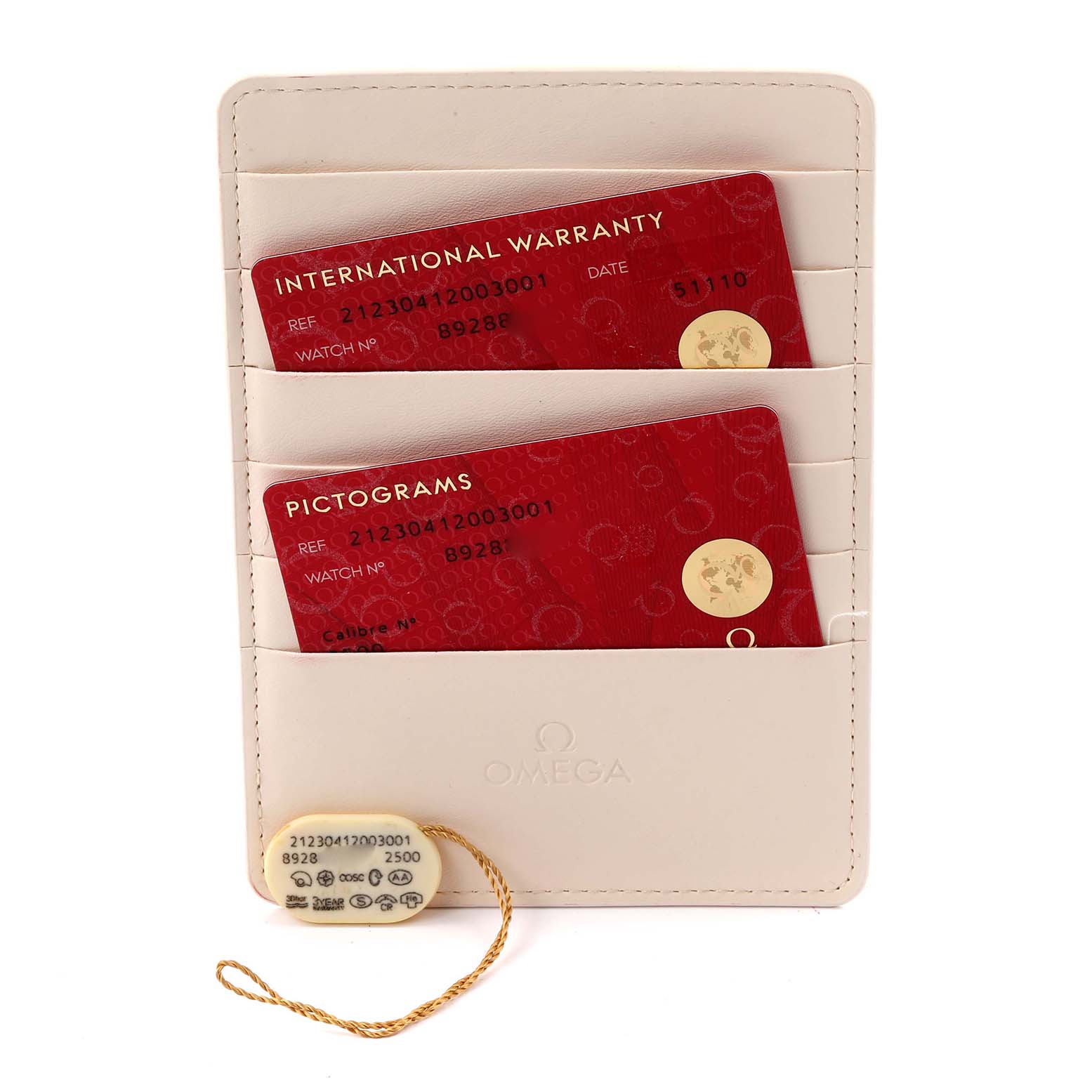 The image shows Omega Seamaster 212.30.41.20.03.001 Men
s Stainless Steel Blue Dial 212.30.41.20.03.001 Men
s Stainless Steel Blue Dial documentation and a cardholder with warranty and pictogram cards.