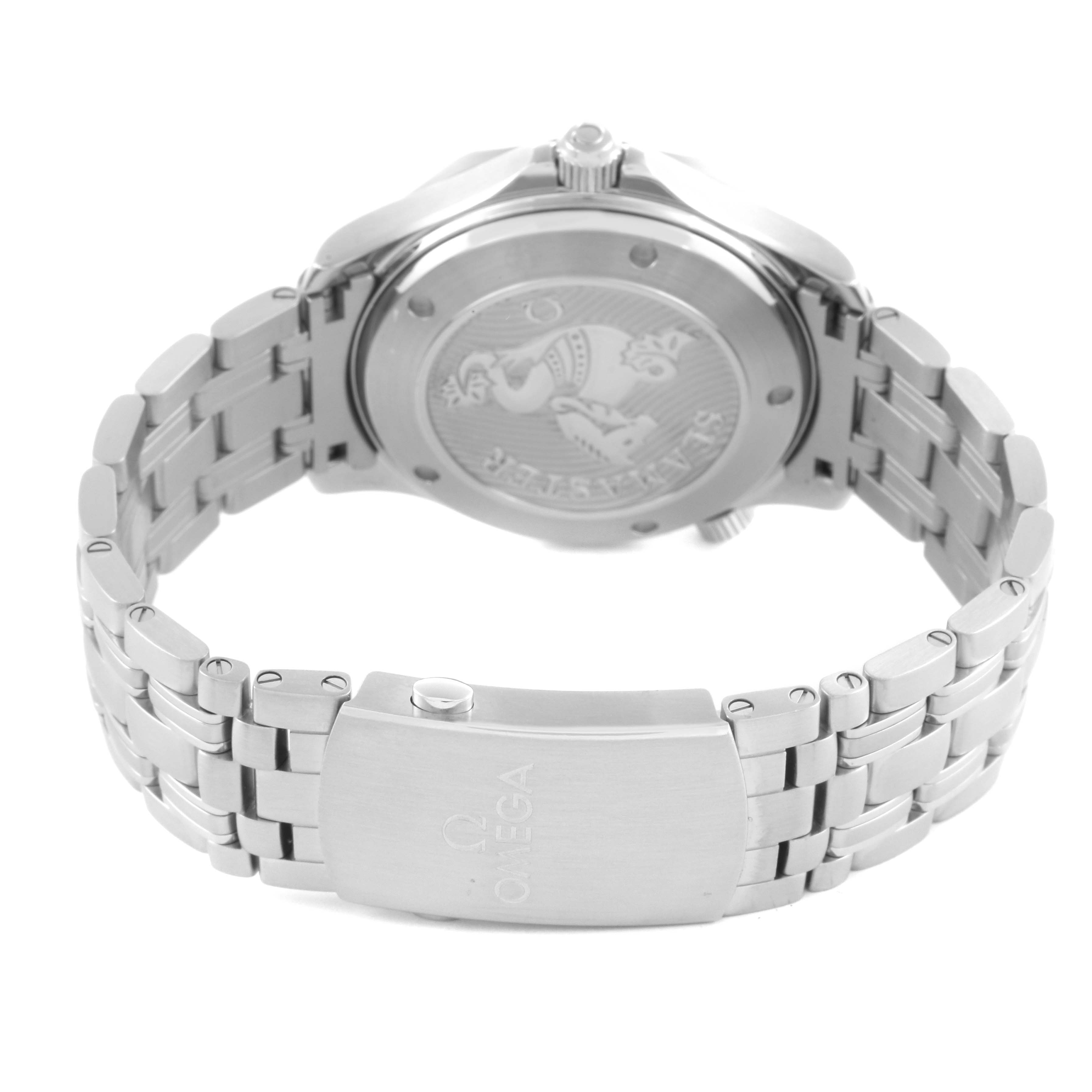 The image shows the back and bracelet clasp of the Omega Seamaster 212.30.41.20.03.001 Men
s Stainless Steel Blue Dial 212.30.41.20.03.001 Men
s Stainless Steel Blue Dial watch, highlighting the engraved case back and metal links.