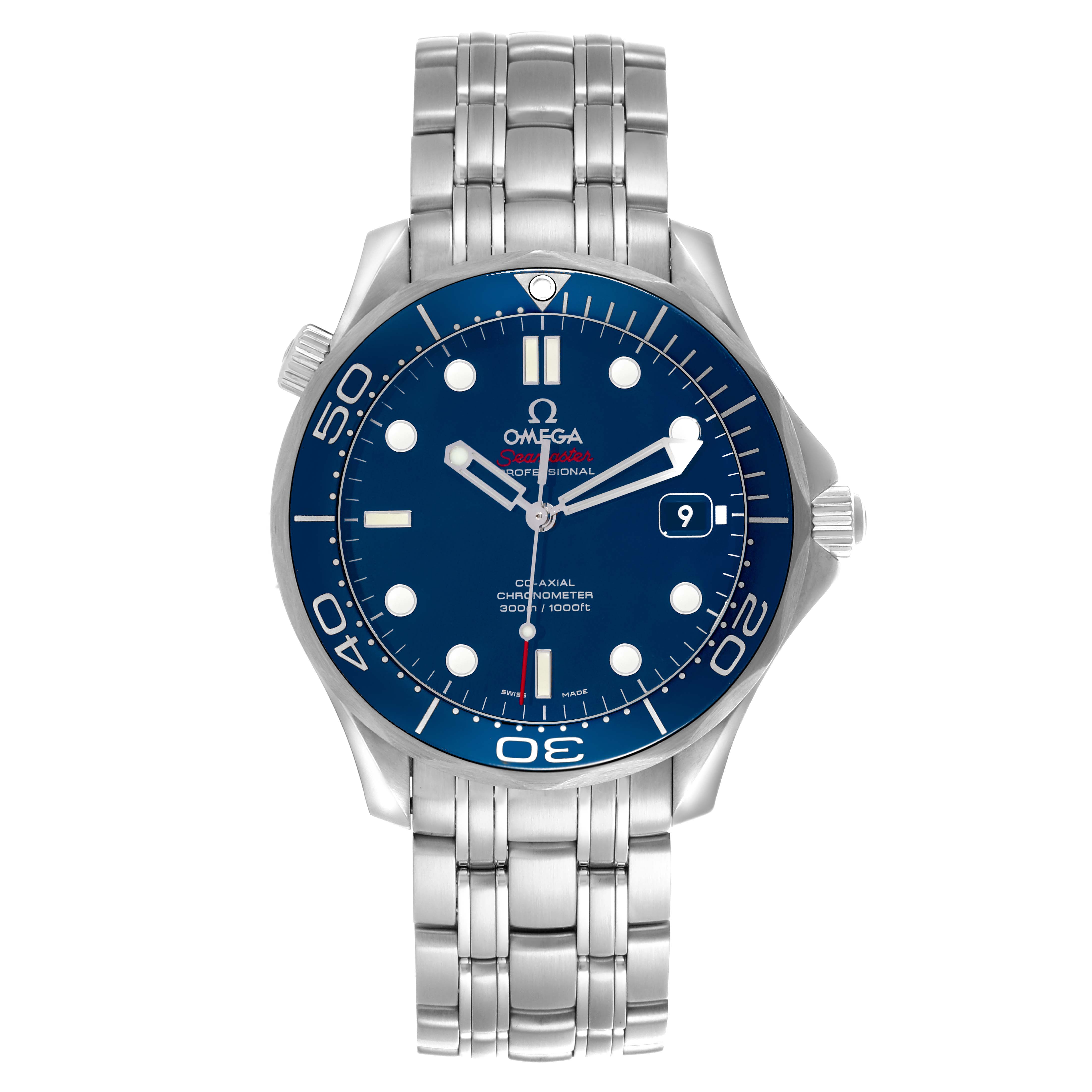 The Omega Seamaster 212.30.41.20.03.001 Men
s Stainless Steel Blue Dial 212.30.41.20.03.001 Men
s Stainless Steel Blue Dial watch is shown from the front, featuring the dial, bezel, bracelet, and crown.