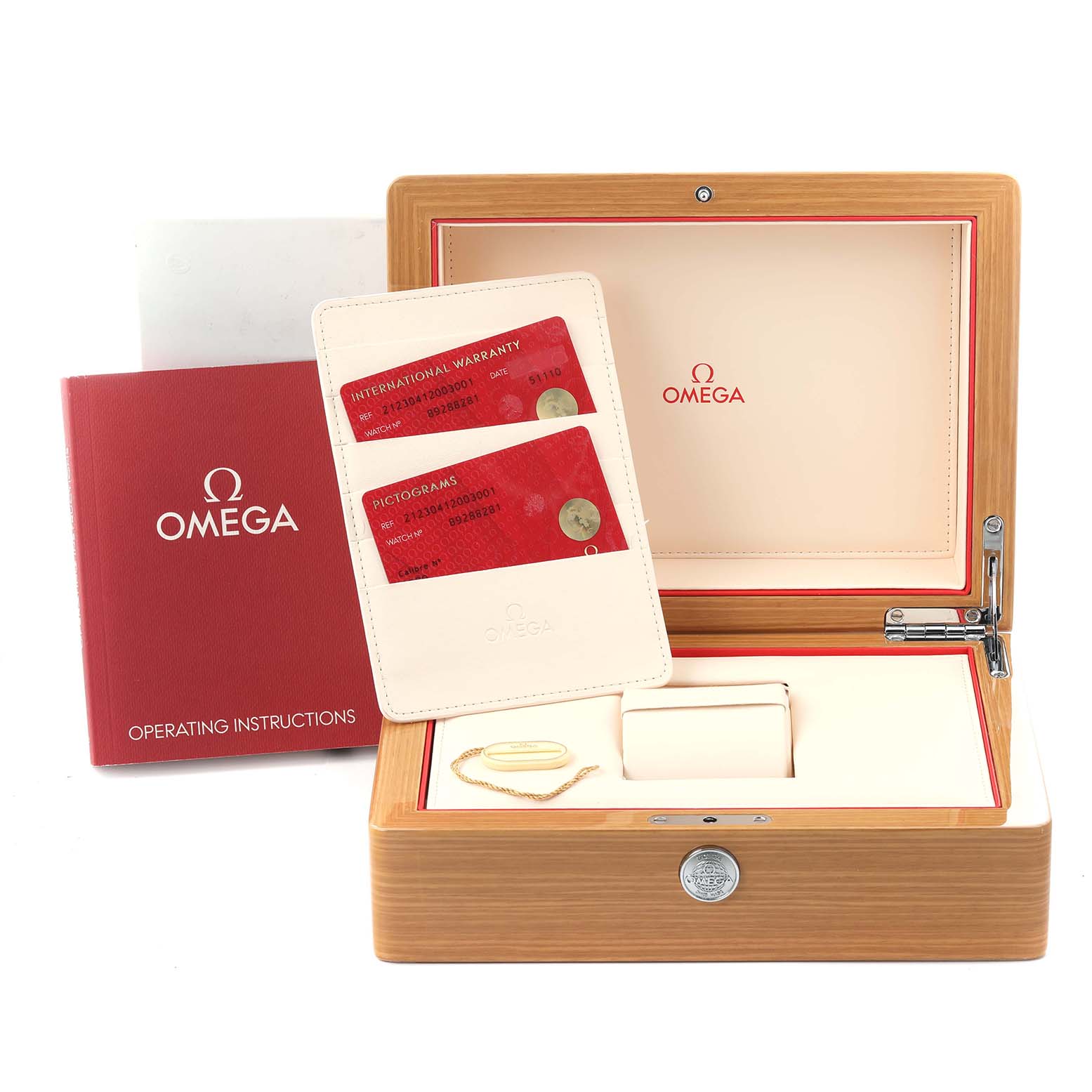 The image shows an Omega Seamaster 212.30.41.20.03.001 Men
s Stainless Steel Blue Dial 212.30.41.20.03.001 Men
s Stainless Steel Blue Dial watch box, warranty cards, and operating instructions.