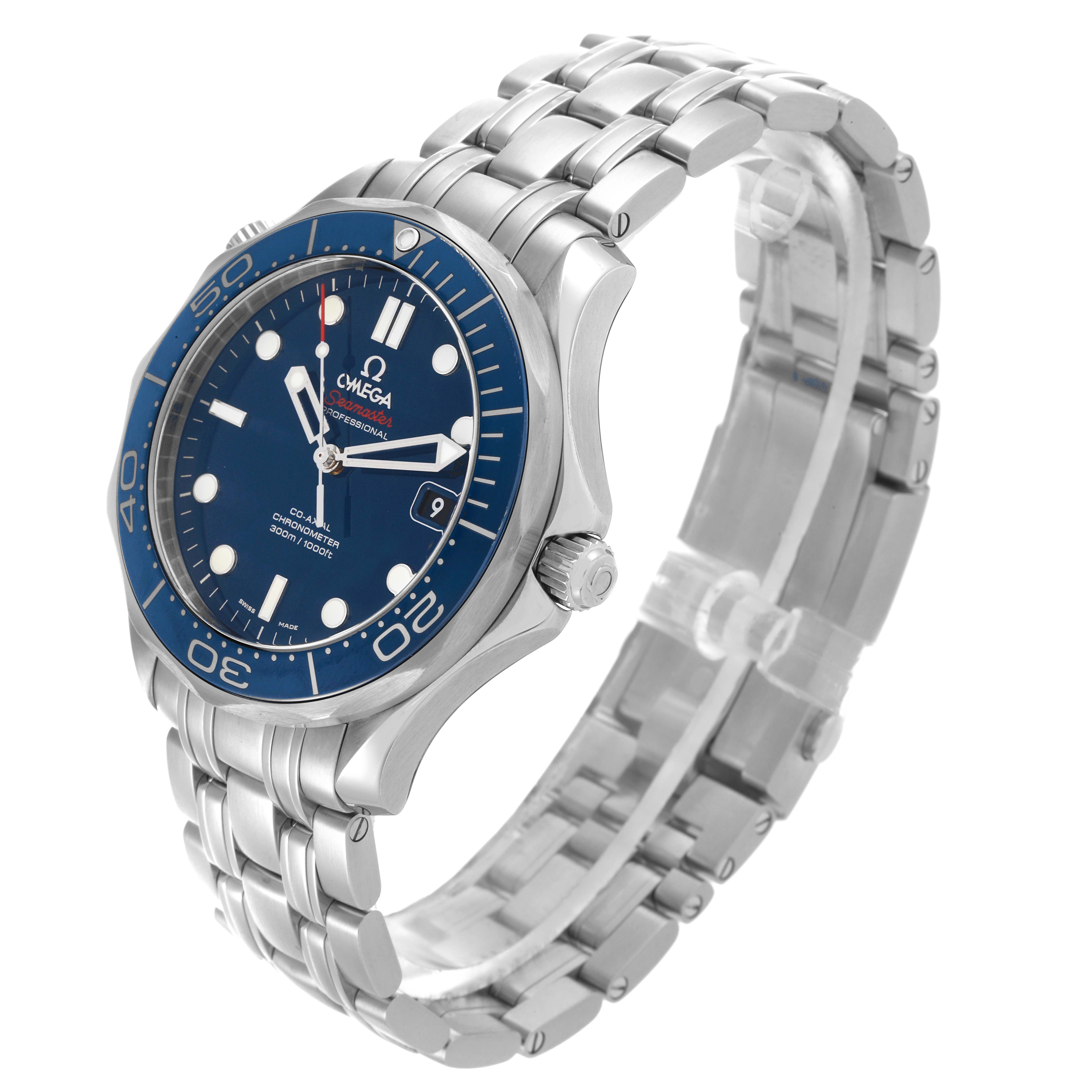 The Omega Seamaster 212.30.41.20.03.001 Men
s Stainless Steel Blue Dial 212.30.41.20.03.001 Men
s Stainless Steel Blue Dial watch is shown at a three-quarter angle, displaying the face, bezel, crown, and stainless steel bracelet.