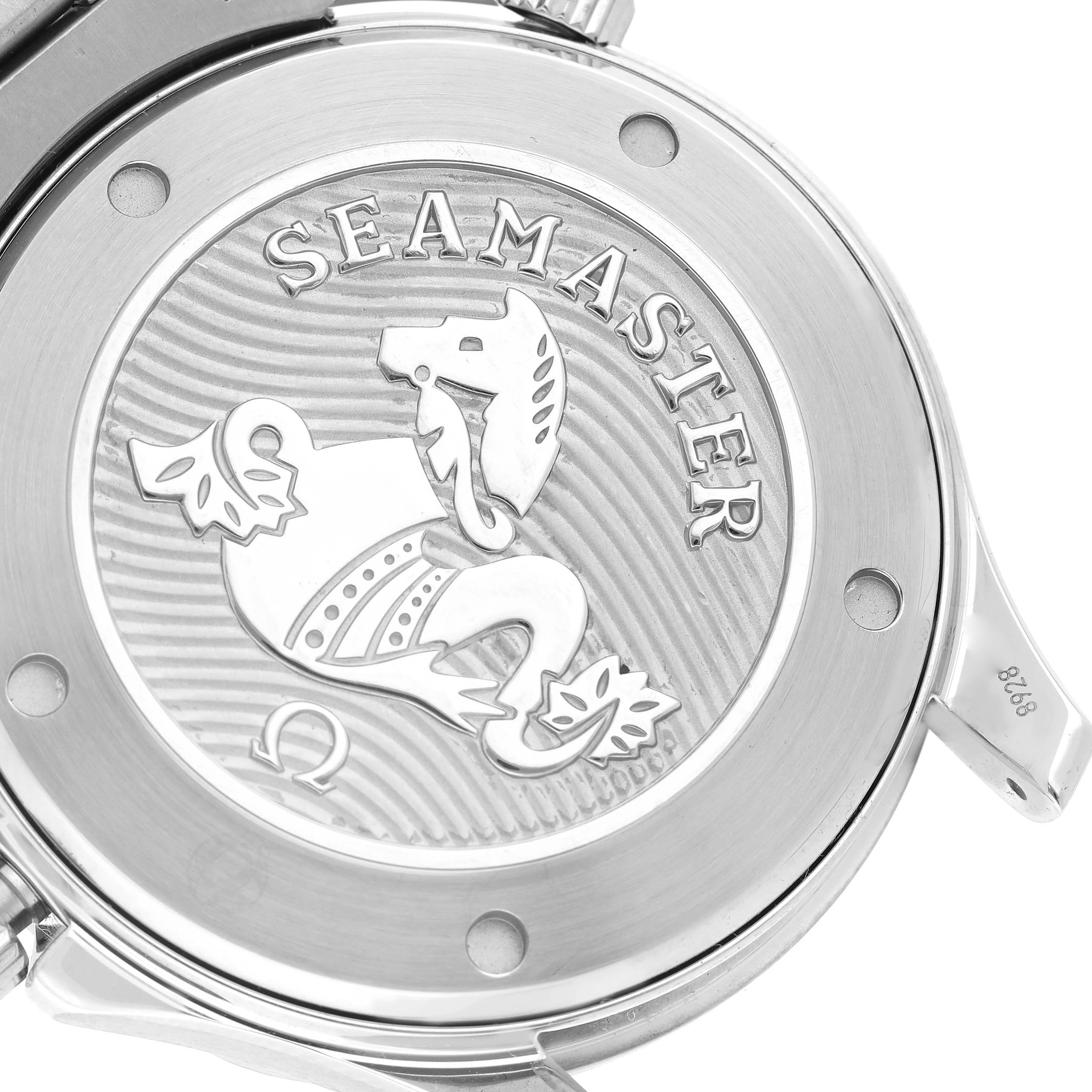 The image shows the back of the Omega Seamaster 212.30.41.20.03.001 Men
s Stainless Steel Blue Dial 212.30.41.20.03.001 Men
s Stainless Steel Blue Dial watch, highlighting its engraved caseback design.