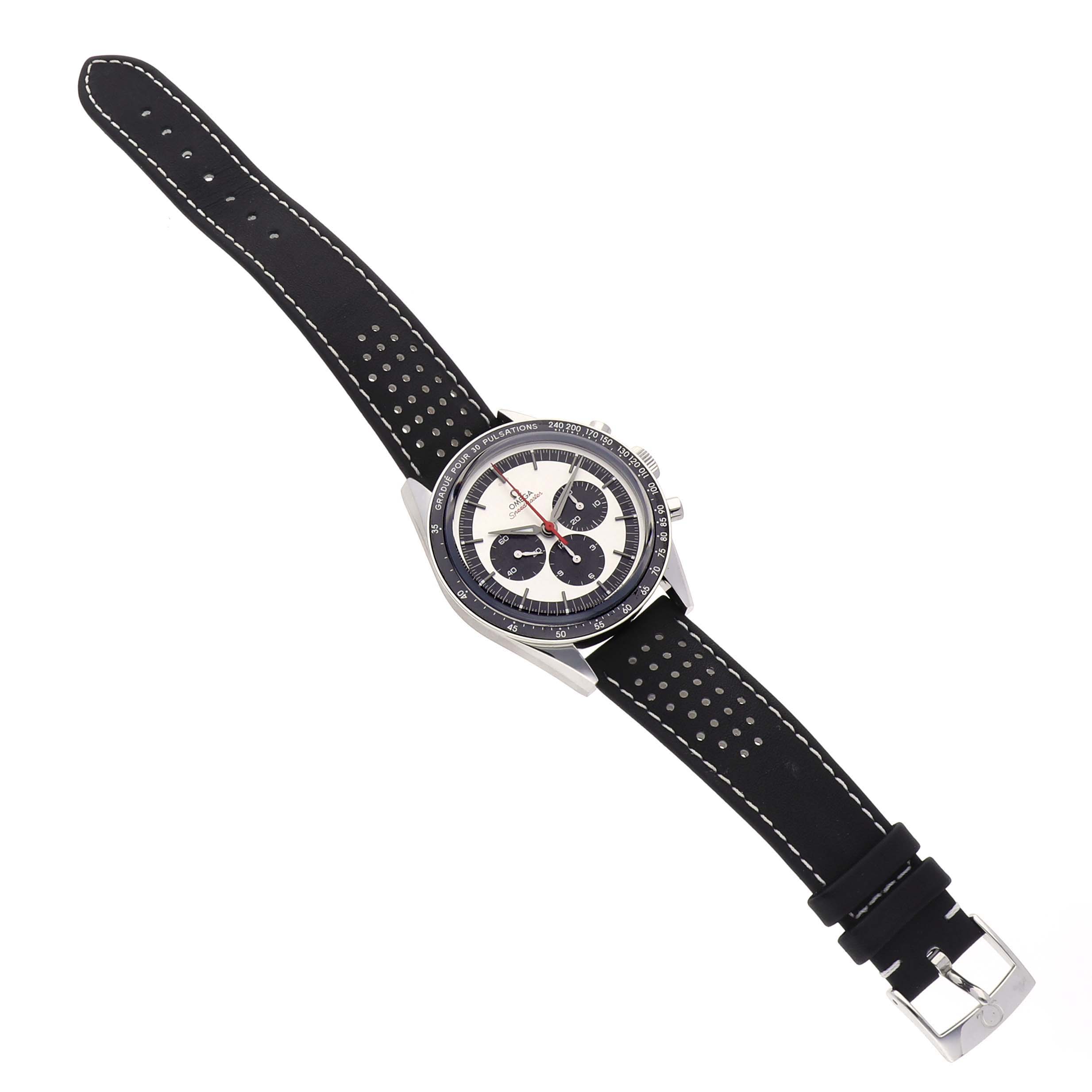 The Omega Speedmaster 311.32.40.30.02.001 Men's Stainless Steel Silver Dial 311.32.40.30.02.001 Men's Stainless Steel Silver Dial watch is shown from a top-down angle, displaying its dial, bezel, case, and strap.