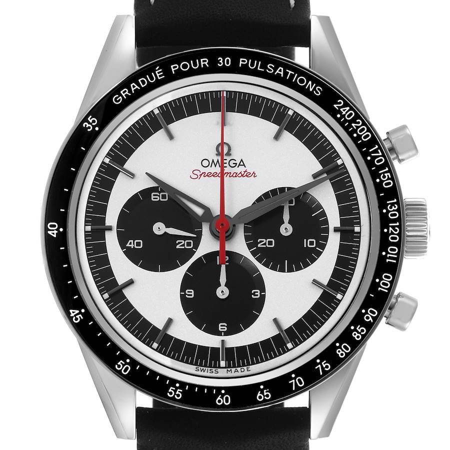 The Omega Speedmaster watch is shown from the front, displaying the face, bezel, crown, pushers, and strap.