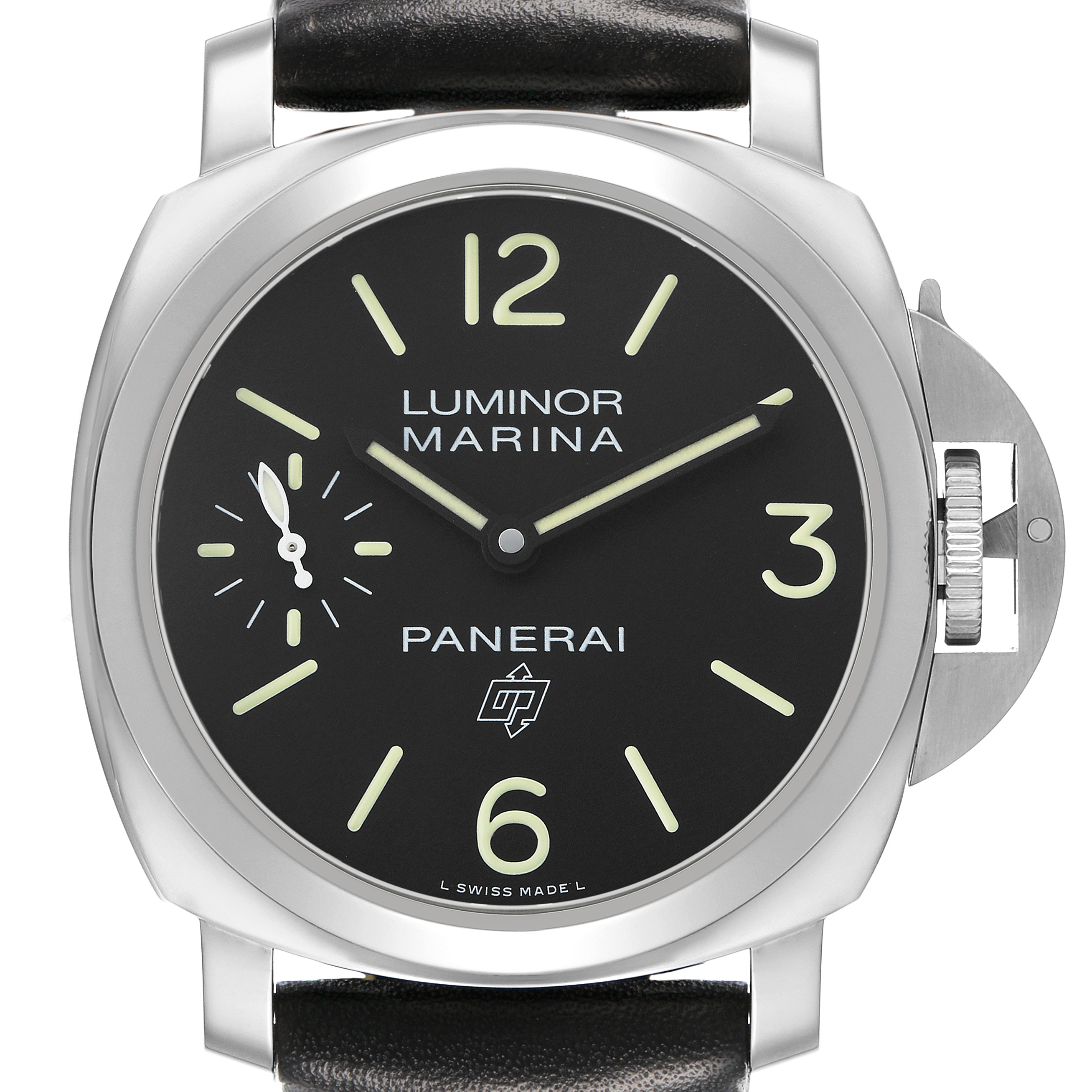 The Panerai Luminor PAM00776 Men's Stainless Steel Black Dial watch is shown from a front angle, highlighting the dial, hands, and crown guard.