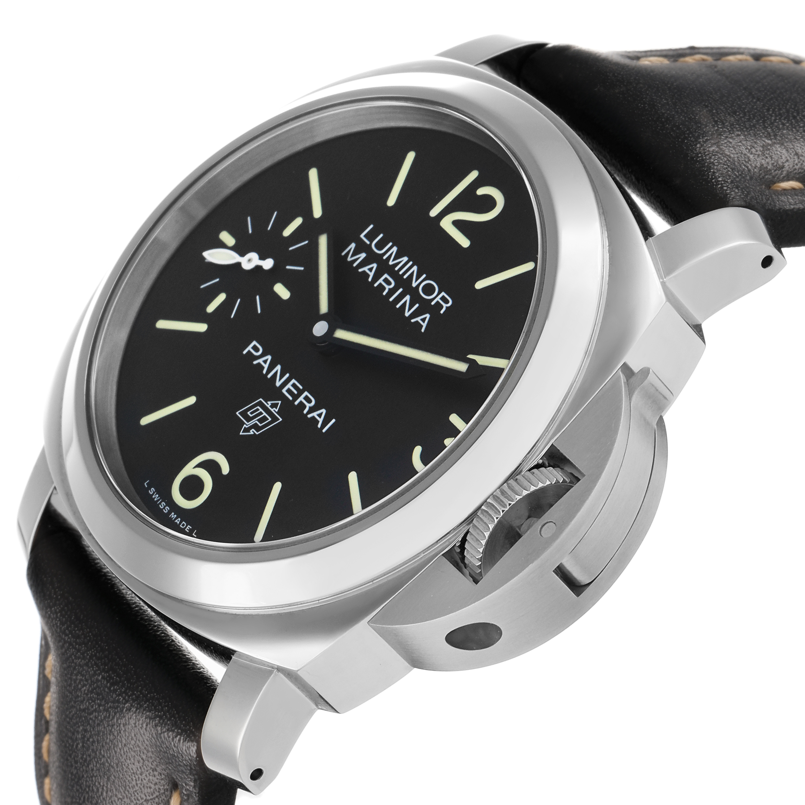 The image shows a Panerai Luminor PAM00776 Men's Stainless Steel Black Dial watch at a slight angle, highlighting the dial, crown guard, and leather strap.