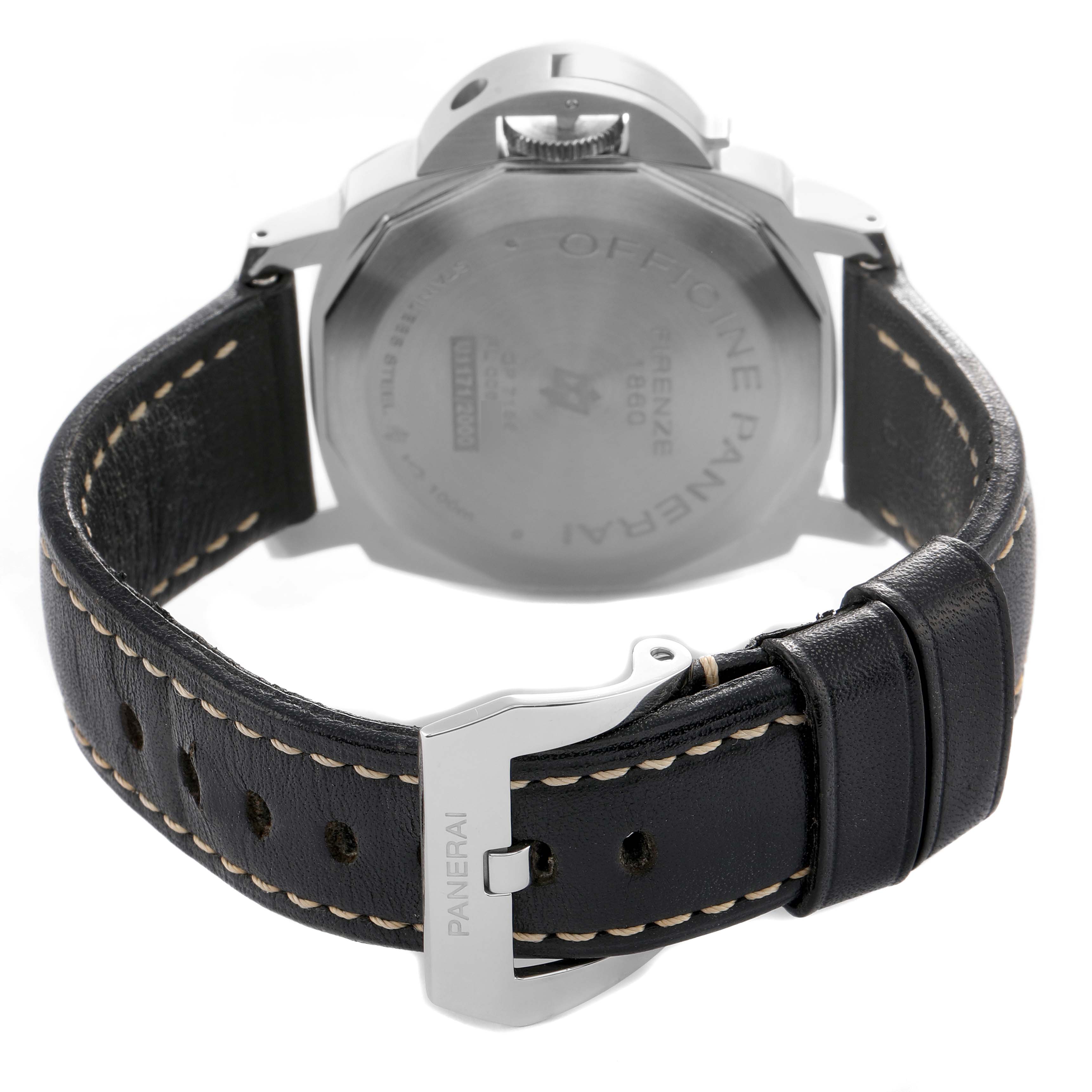 The image shows the back of a Panerai Luminor PAM00776 Men's Stainless Steel Black Dial watch, focusing on the case back, crown guard, and leather strap with buckle.