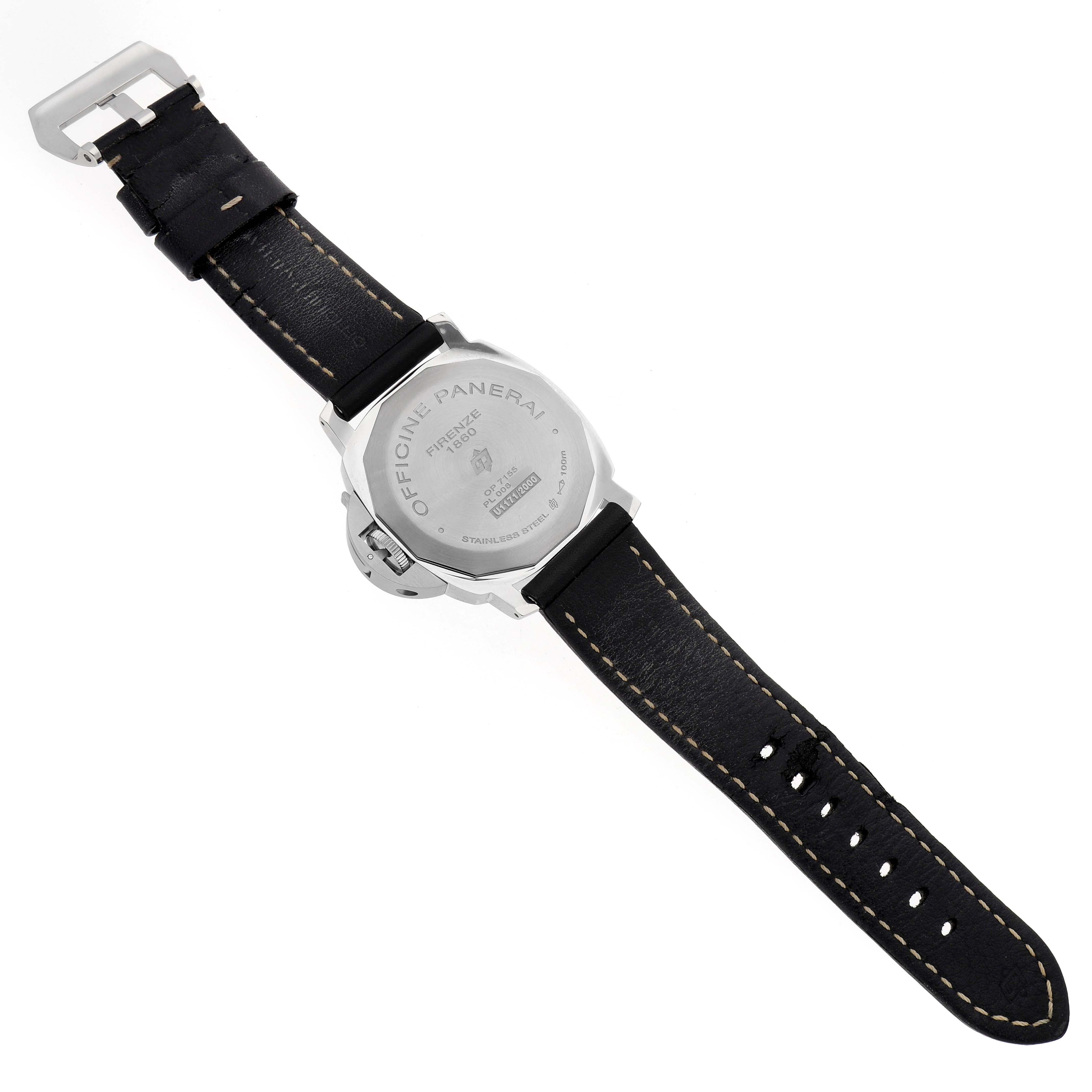 The image shows the back of a Panerai Luminor PAM00776 Men's Stainless Steel Black Dial watch, displaying the caseback and strap from a top-down angle.