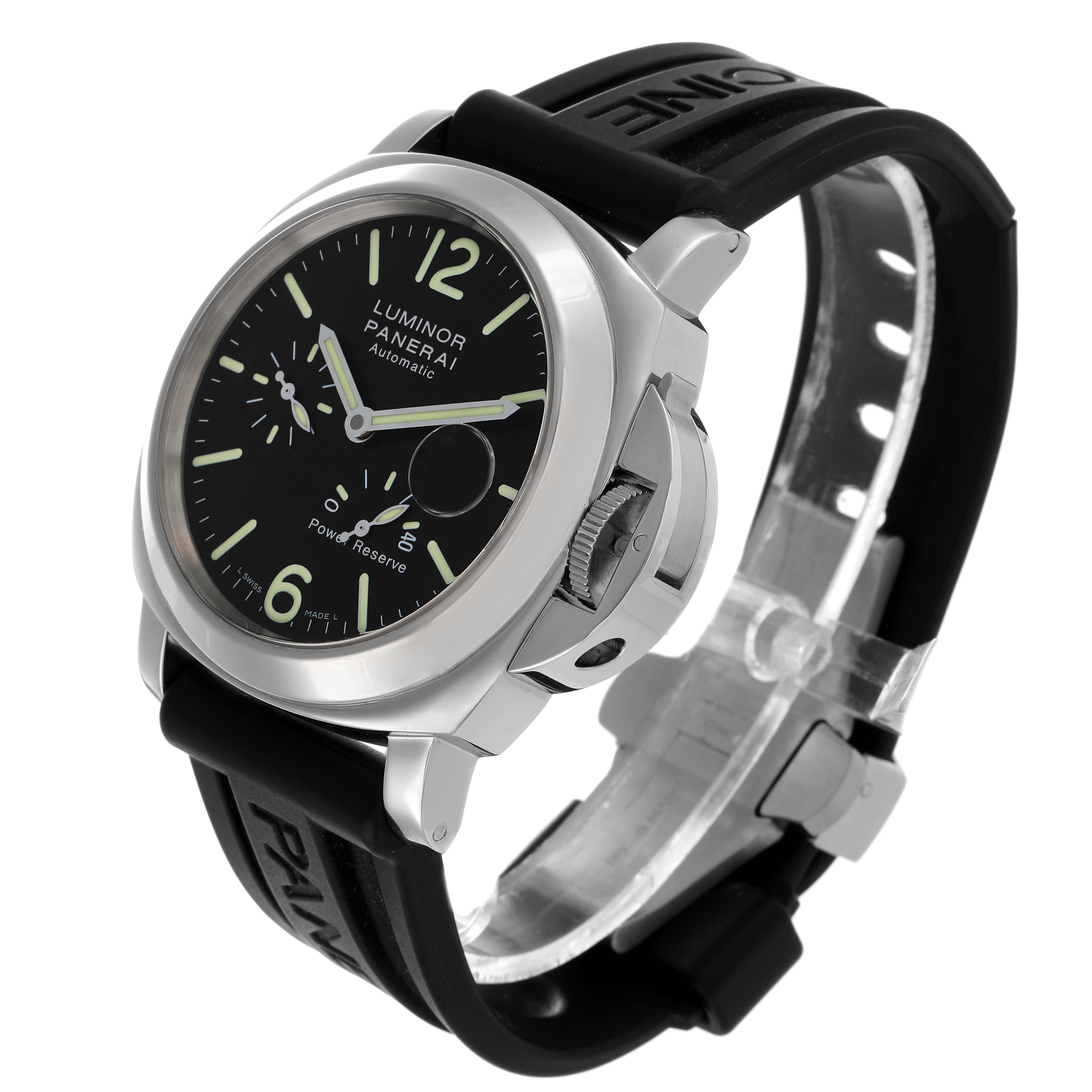 The Panerai Luminor PAM00090 Men's Stainless Steel Black Dial watch is shown from a three-quarter angle, highlighting the face, crown guard, and rubber strap.