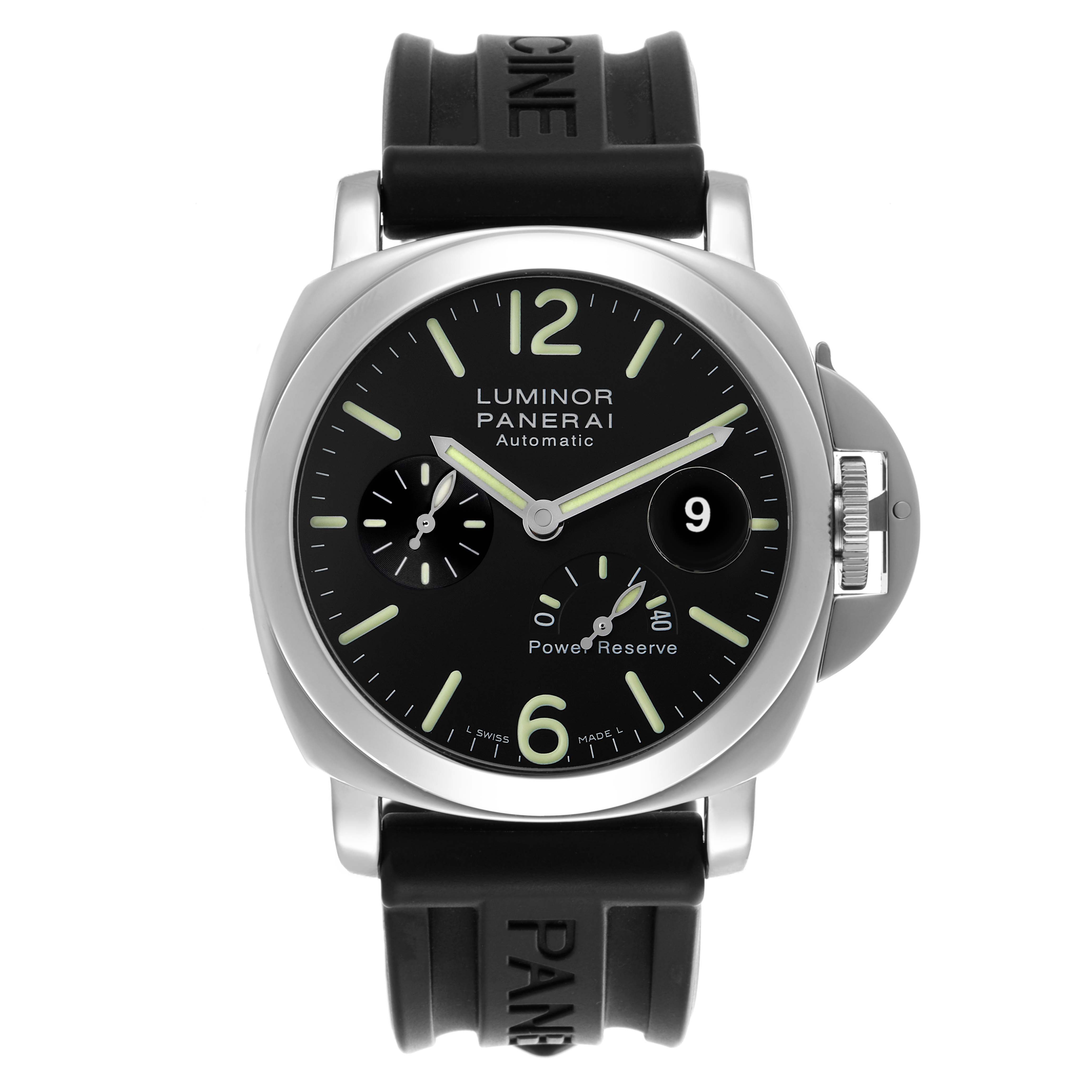 The Panerai Luminor PAM00090 Men's Stainless Steel Black Dial watch is shown from the front, highlighting the dial, crown guard, and black strap.
