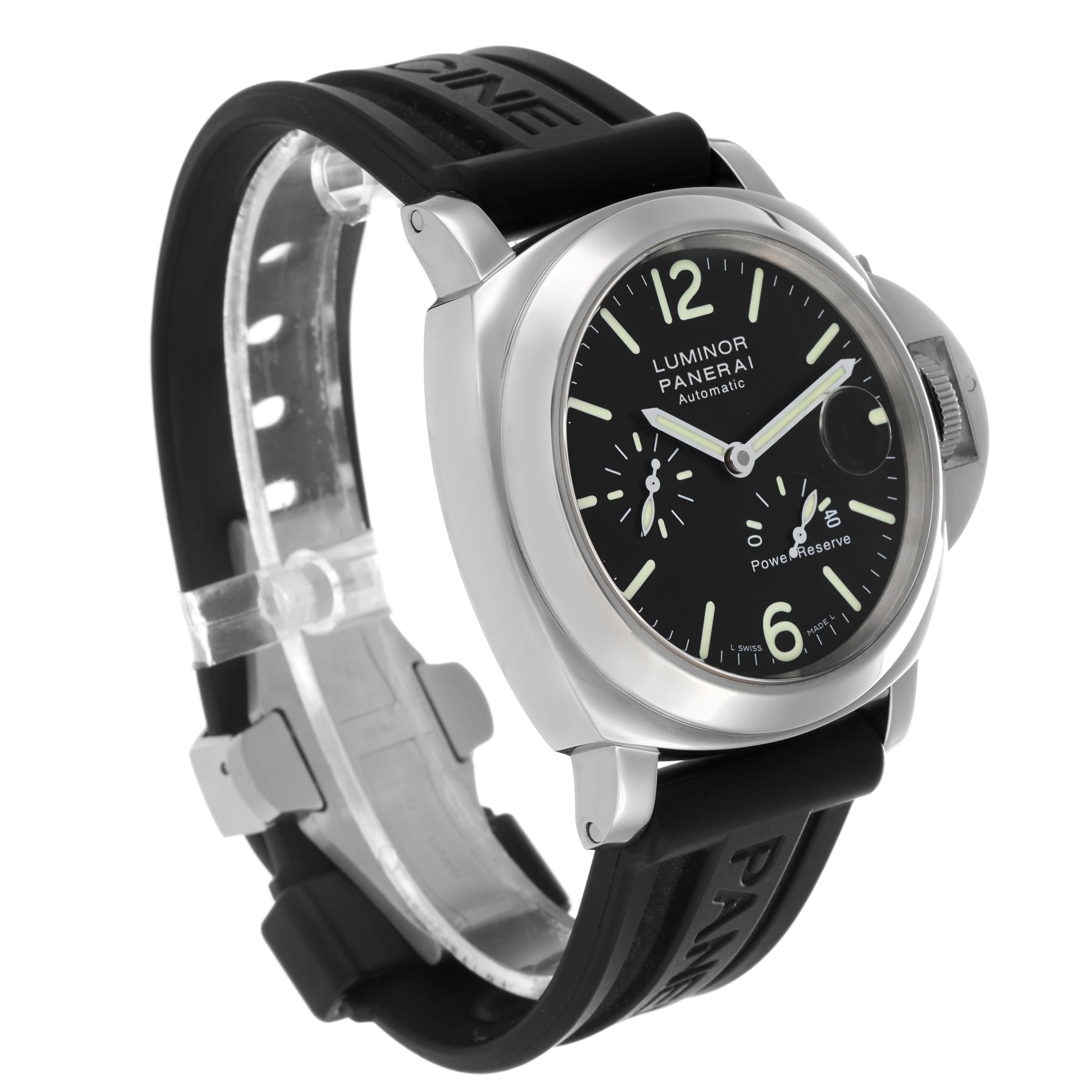 The Panerai Luminor PAM00090 Men's Stainless Steel Black Dial watch is shown at a three-quarter angle, highlighting the face, bezel, and rubber strap.