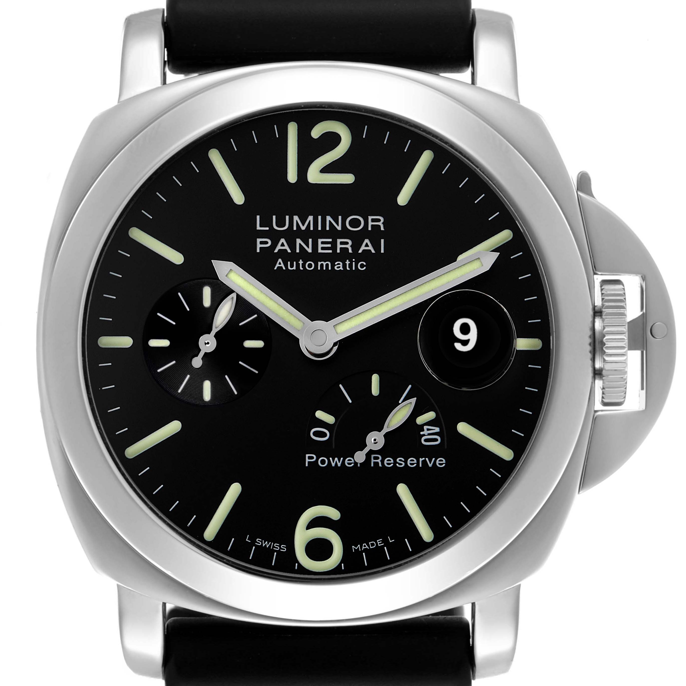 The Panerai Luminor PAM00090 Men's Stainless Steel Black Dial watch is shown from the front, highlighting the dial, hands, date window, and crown guard.