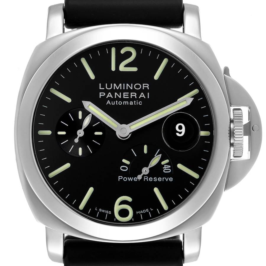 The Panerai Luminor PAM00090 Men's Stainless Steel Black Dial watch is shown from the front, highlighting the dial, hands, date window, and crown guard.