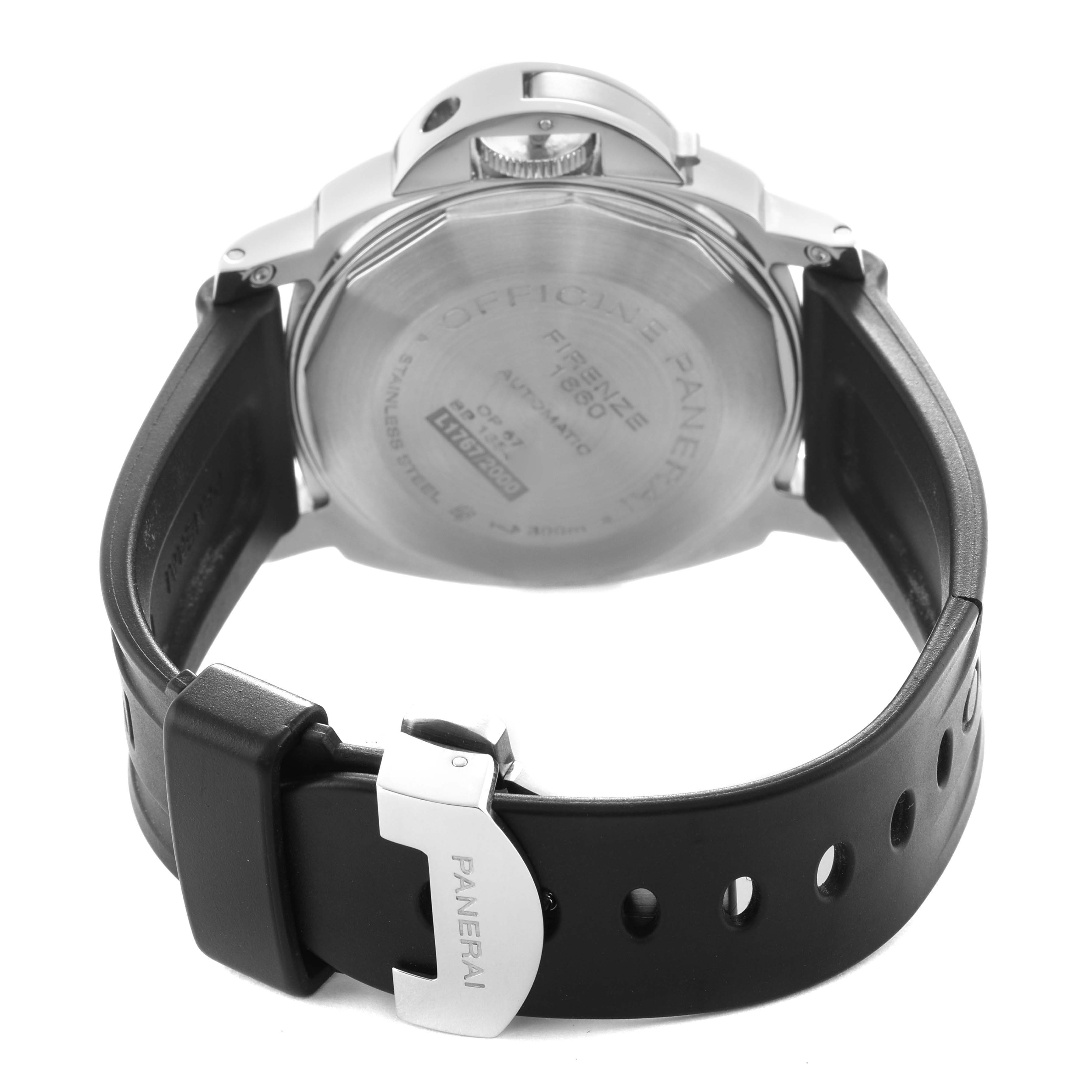 The image shows the back of a Panerai Luminor PAM00090 Men's Stainless Steel Black Dial watch, highlighting the case back and the strap with a branded buckle.